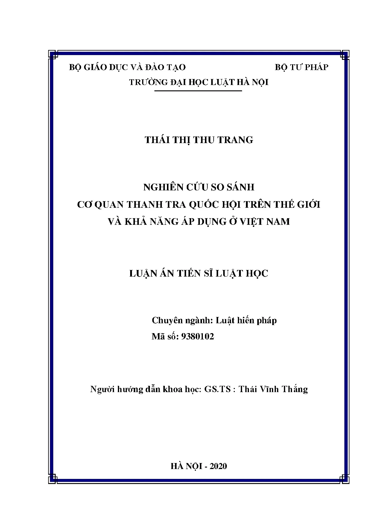 Nghiên cứu Thanh tra Quốc hội thế giới và áp dụng tại Việt Nam