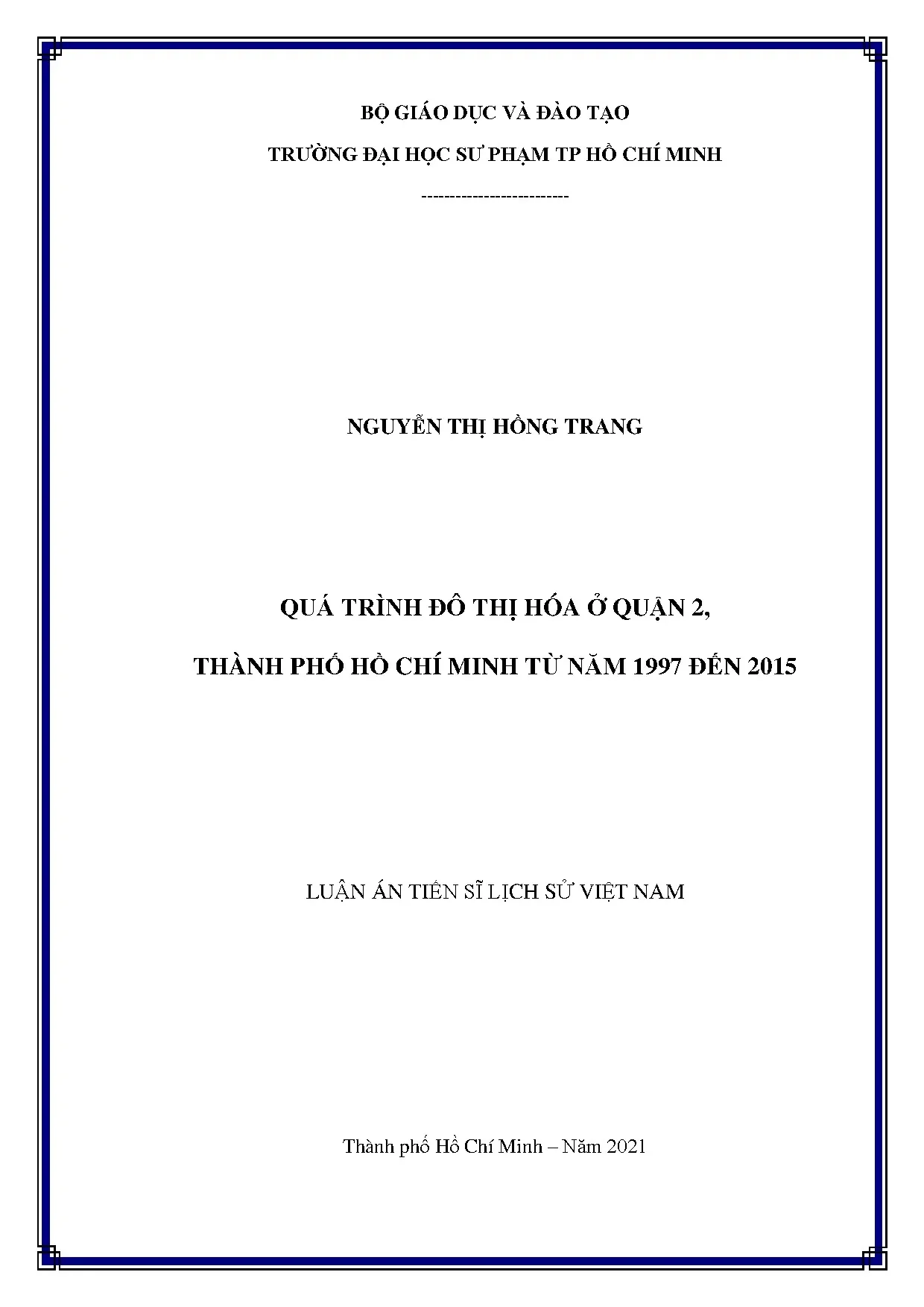 Quá trình đô thị hóa quận 2 TPHCM 1997-2015 - Luận án tiến sĩ