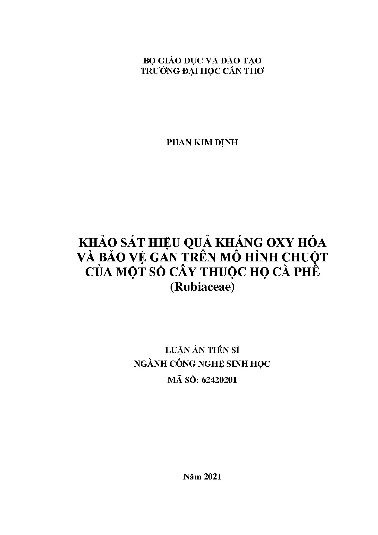 Khảo sát hiệu quả kháng oxy hóa và bảo vệ gan của cây họ cà phê
