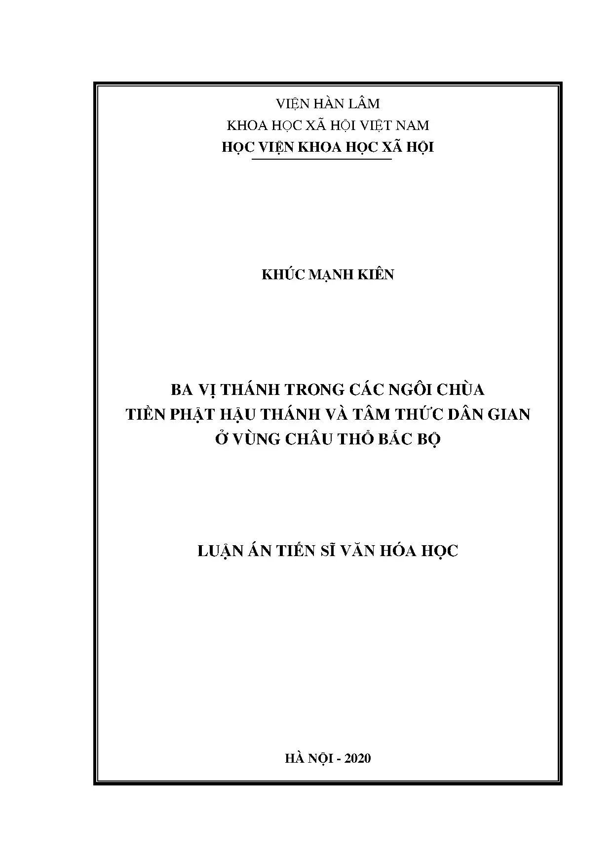 Luận án tâm thức dân gian về ba vị thánh trong chùa tiền Phật hậu Thánh