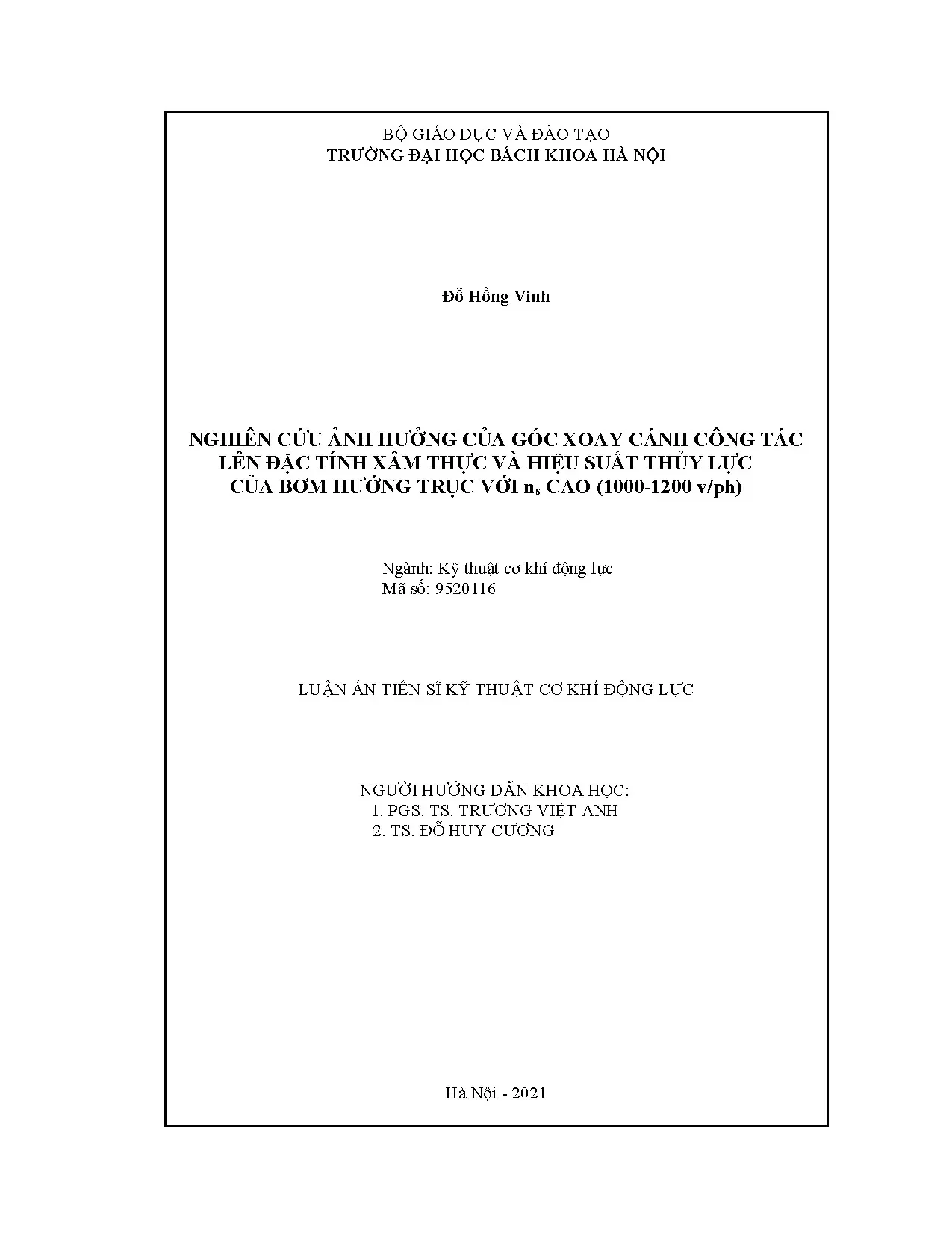 Luận án ảnh hưởng góc xoay cánh bơm hướng trục đến hiệu suất thủy lực