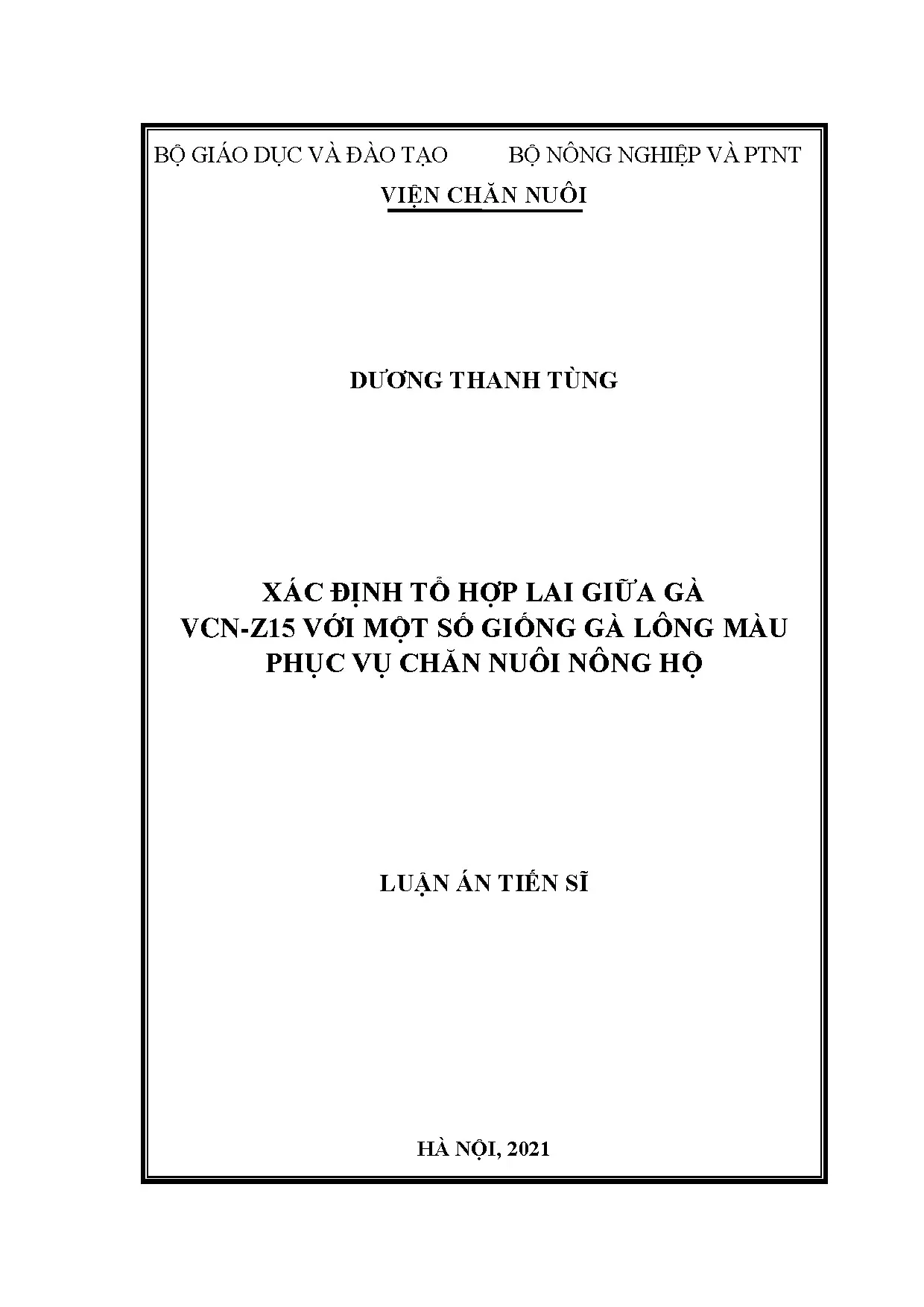 Luận án xác định tổ hợp lai gà VCN-Z15 phục vụ chăn nuôi nông hộ