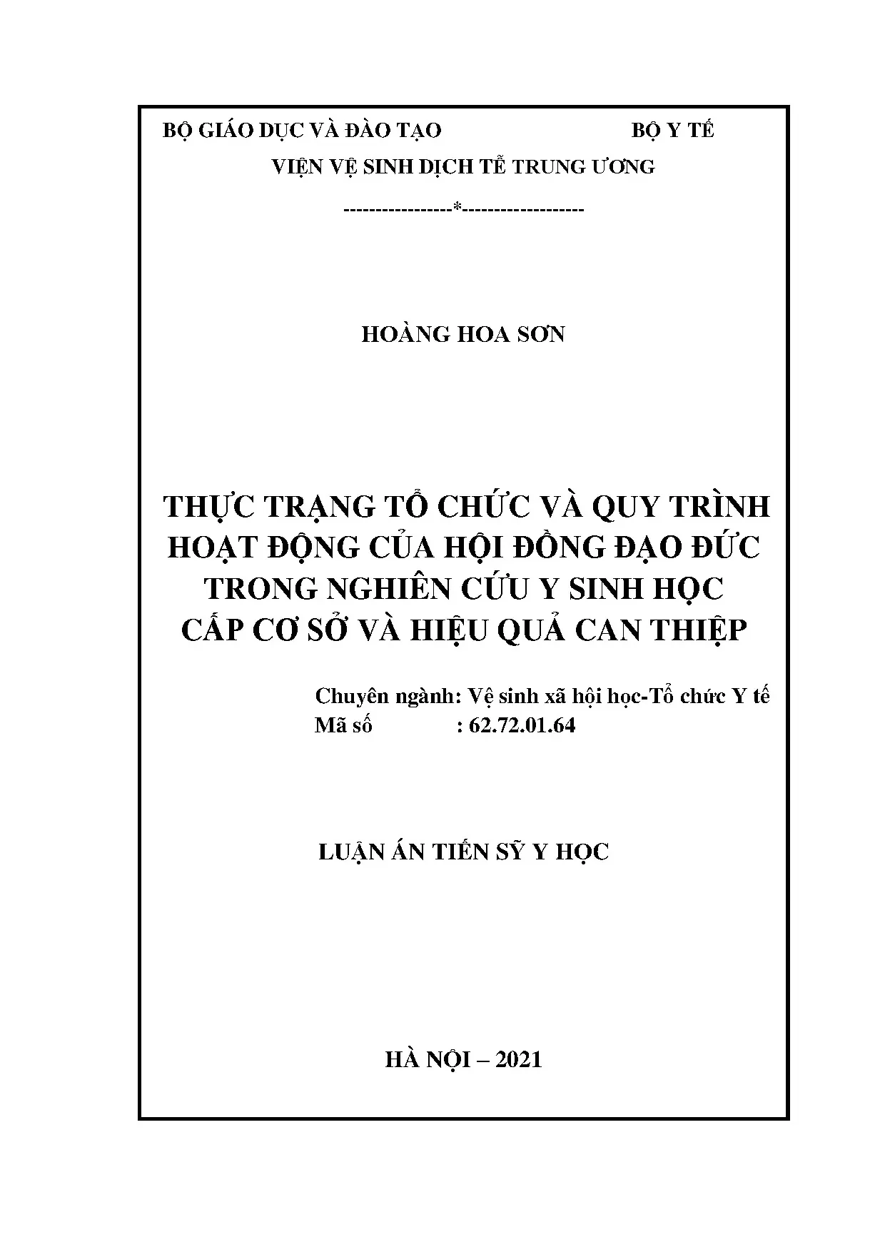 Luận án: Thực trạng tổ chức hội đồng đạo đức y sinh học cấp cơ sở