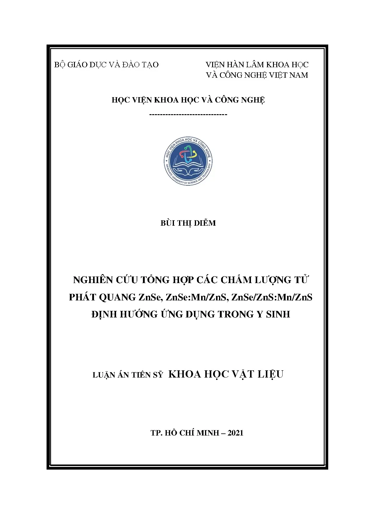 Luận án tổng hợp chấm lượng tử phát quang ZnSe, ZnSe:Mn/ZnS ứng dụng y sinh