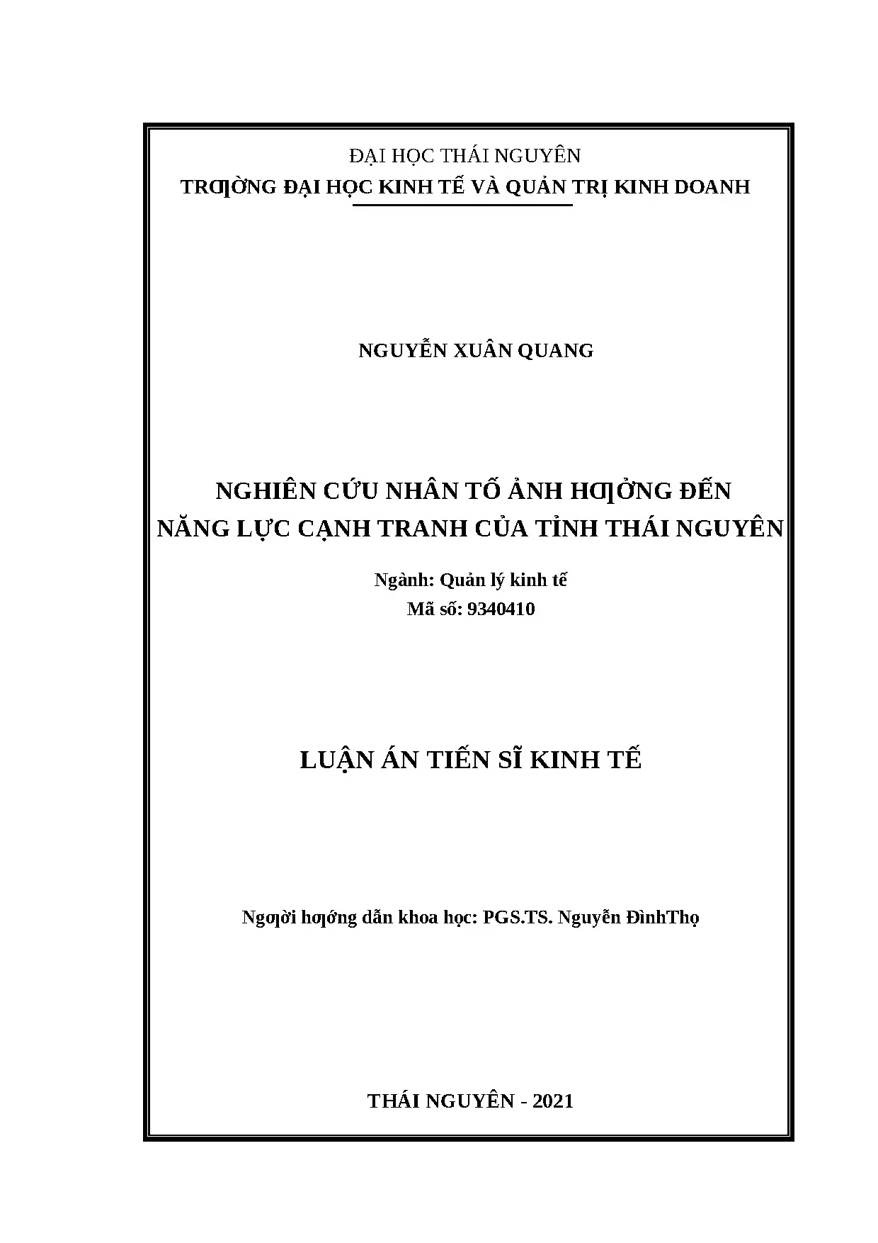 Luận án tiến sĩ: Nhân tố ảnh hưởng đến năng lực cạnh tranh tỉnh Thái Nguyên