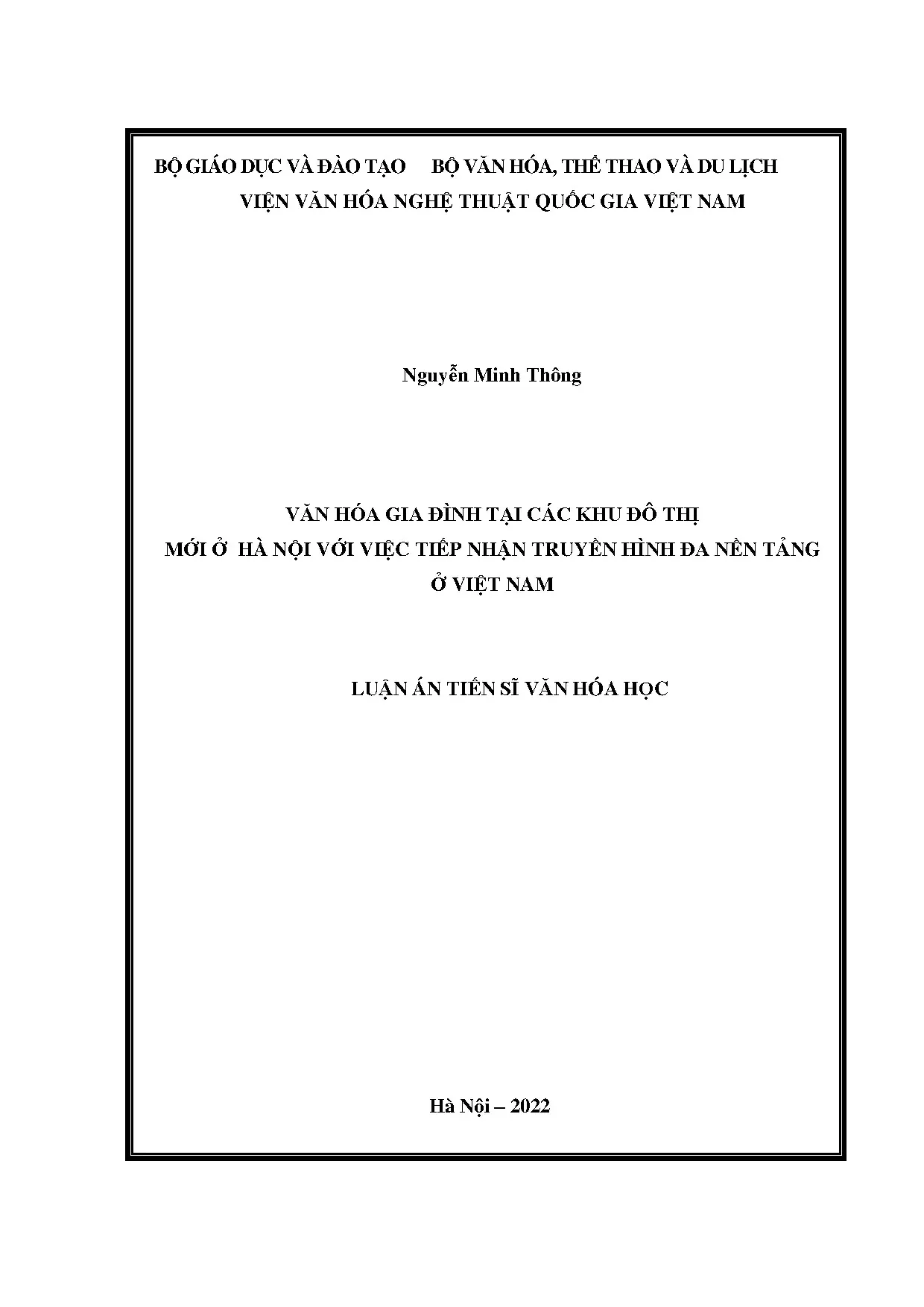 Luận án tiến sĩ văn hóa gia đình khu đô thị mới Hà Nội 2022