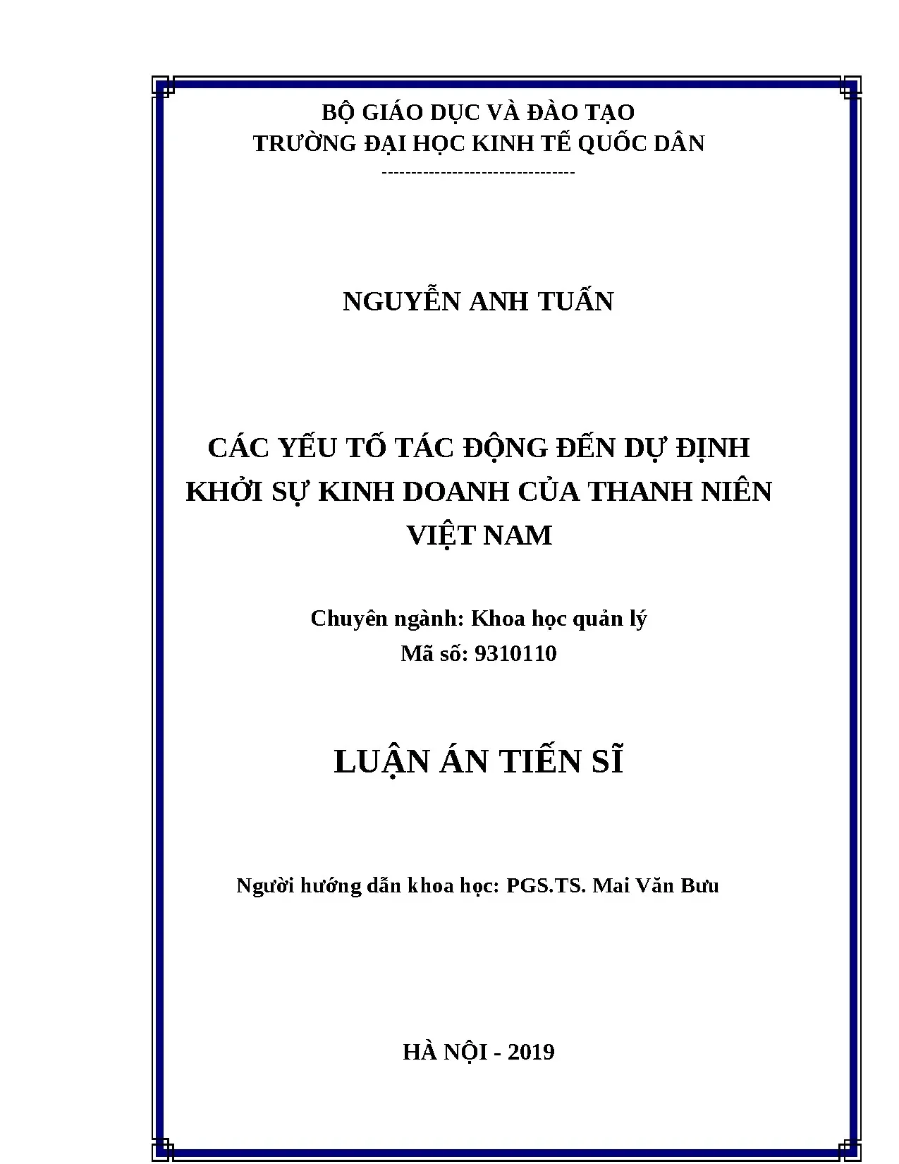 Yếu tố tác động dự định khởi sự kinh doanh của thanh niên Việt Nam