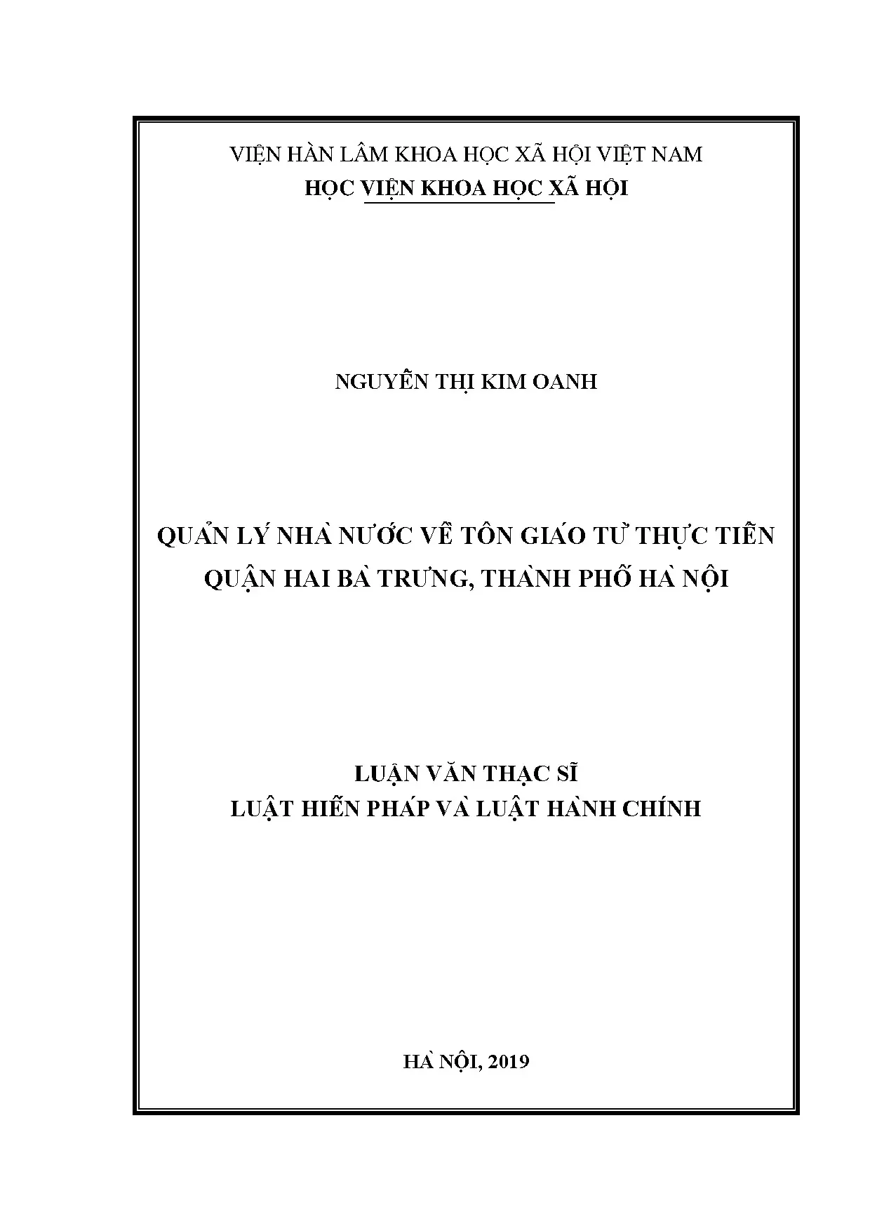 Luận án tiến sĩ quản lý nhà nước về tôn giáo quận Hai Bà Trưng Hà Nội