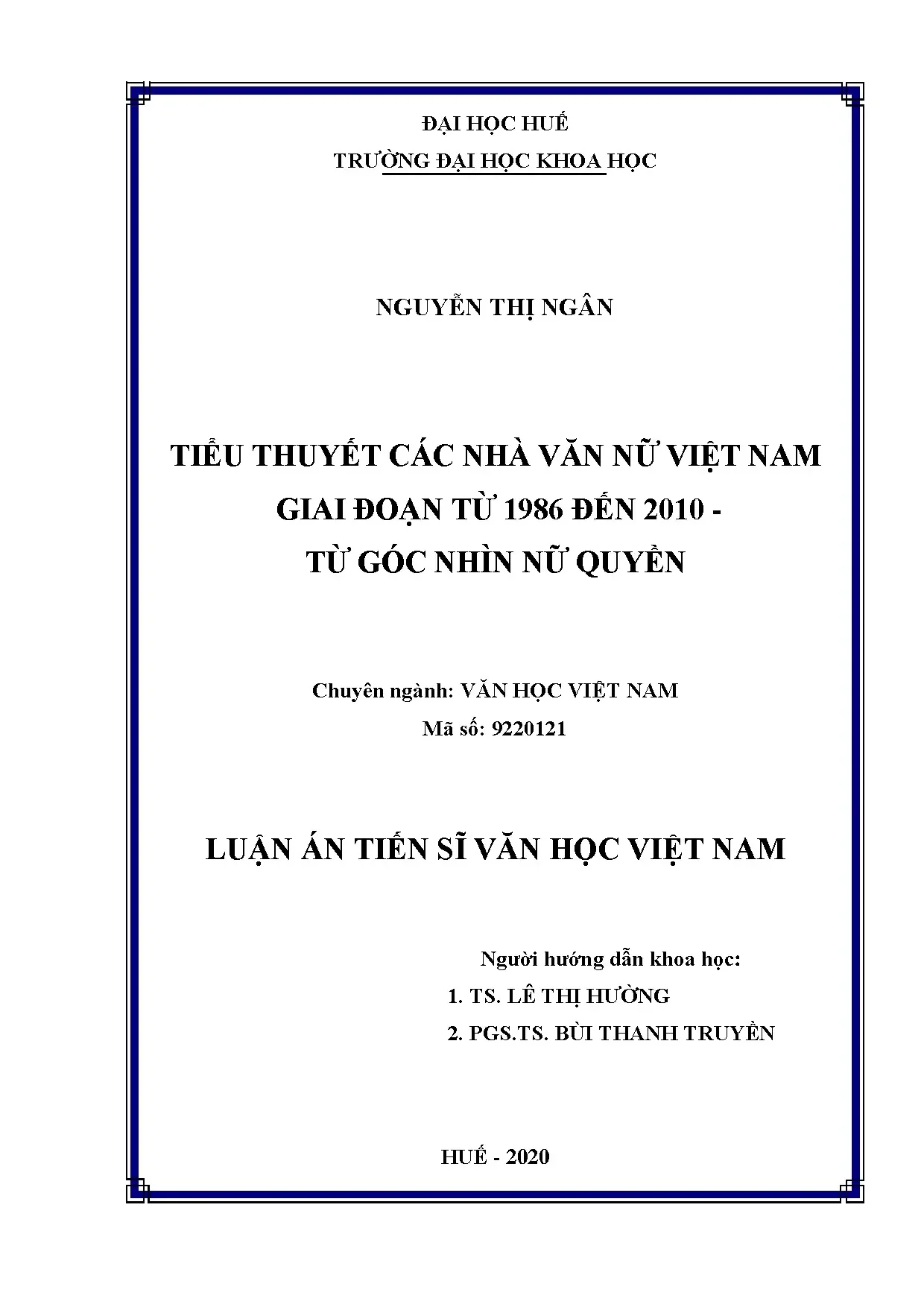 Luận án tiến sĩ tiểu thuyết nữ nhà văn Việt Nam 1986-2010 từ góc nhìn nữ quyền