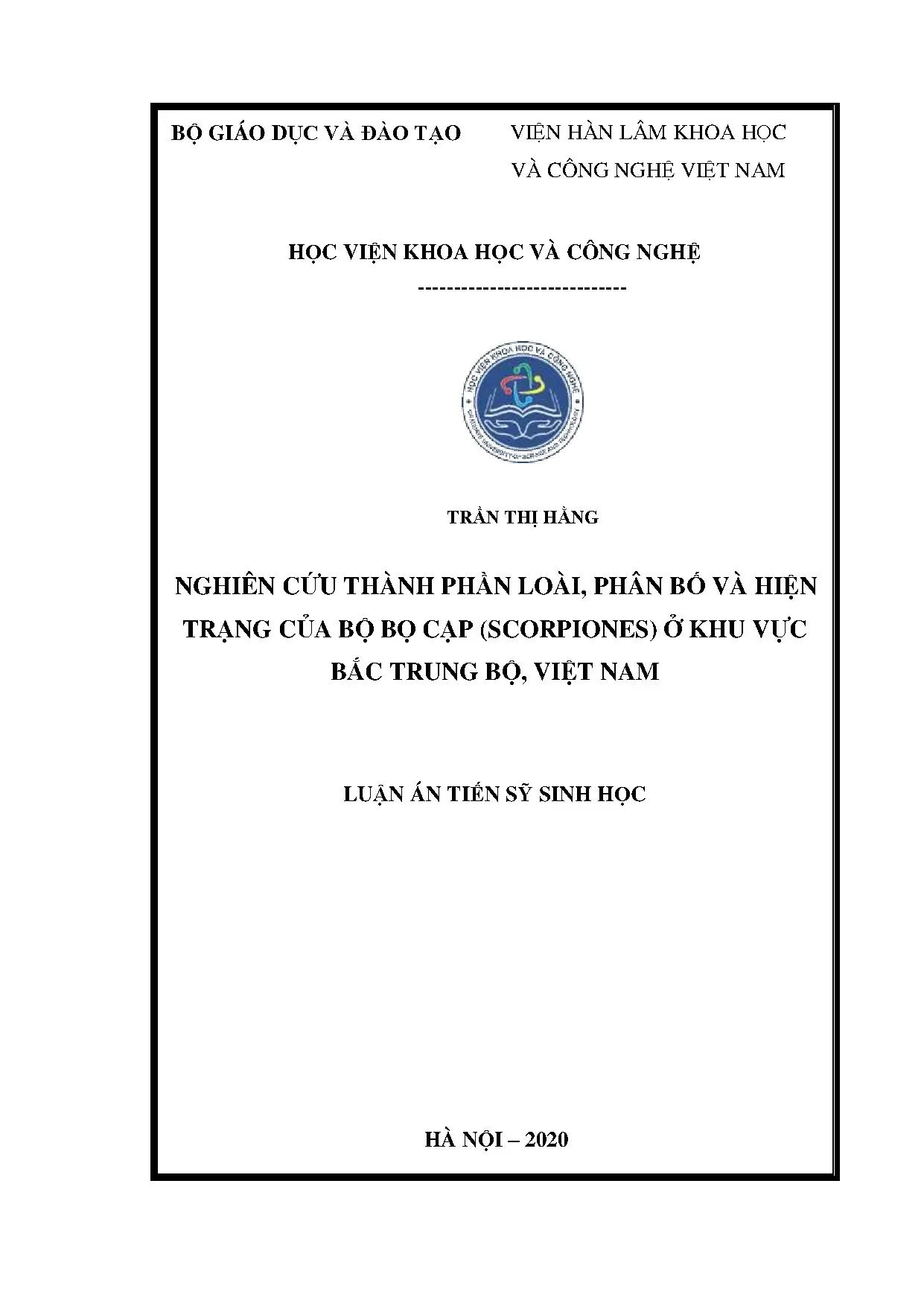 Luận án tiến sĩ nghiên cứu thành phần loài bọ cạp Bắc Trung Bộ