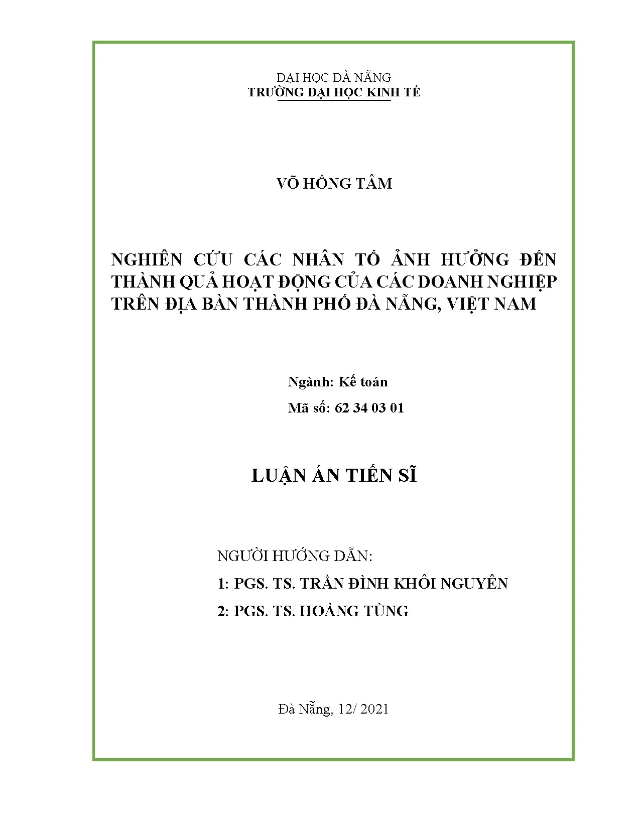 Các nhân tố ảnh hưởng đến thành quả doanh nghiệp tại Đà Nẵng