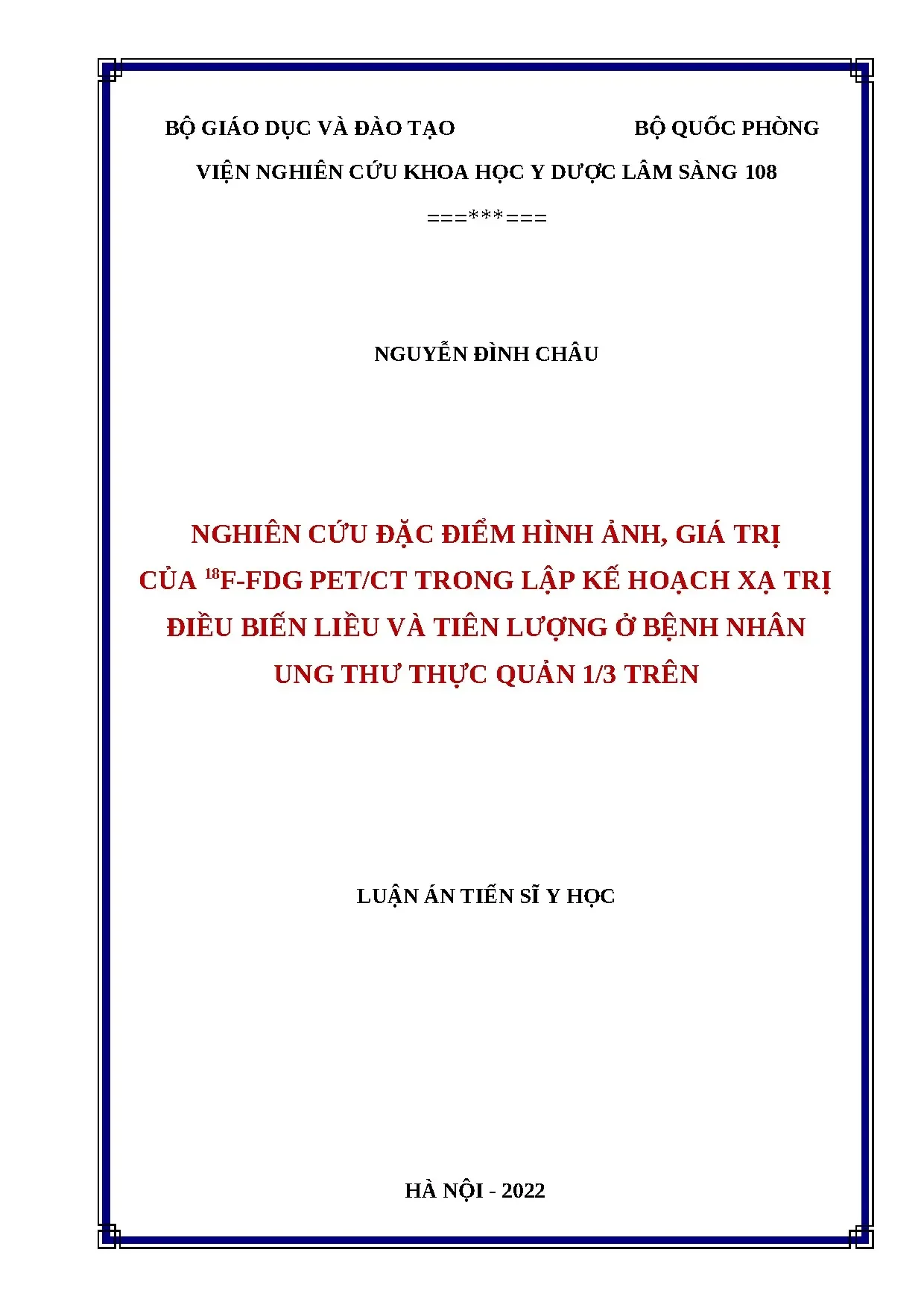 Nghiên cứu ¹⁸F-FDG PET/CT lập kế hoạch xạ trị ung thư thực quản 1/3 trên