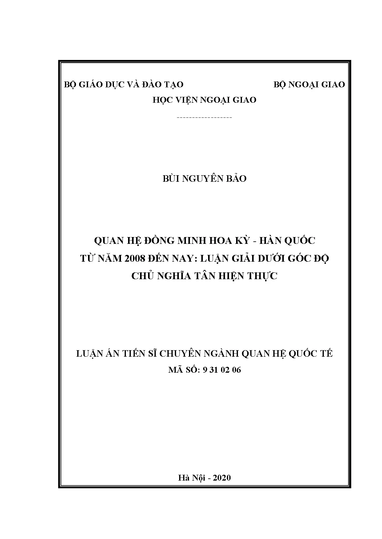 Luận án tiến sĩ quan hệ đồng minh Mỹ - Hàn 2008-2020 theo chủ nghĩa Tân Hiện thực