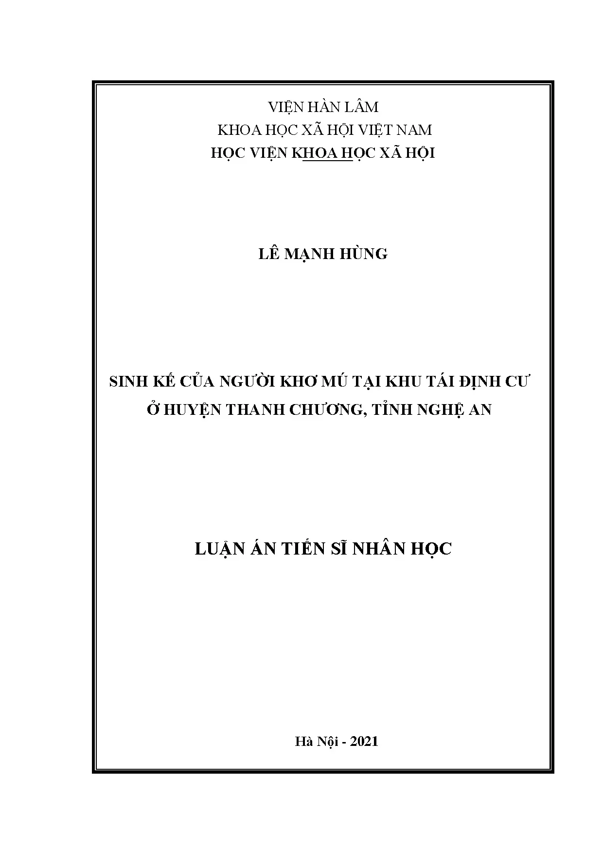 Luận án sinh kế người Khơ Mú tại khu tái định cư Thanh Chương