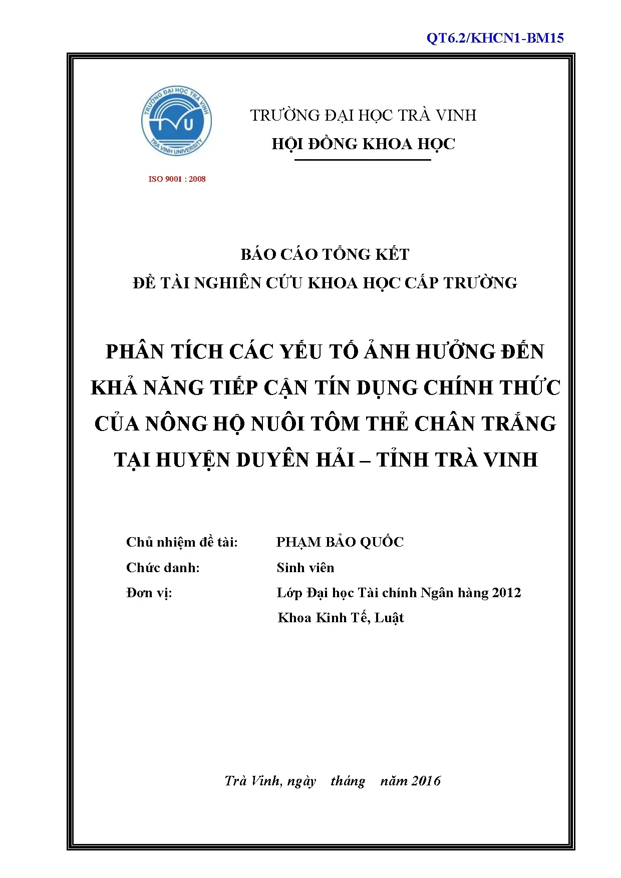 Tín dụng chính thức cho nông hộ nuôi tôm tại Trà Vinh