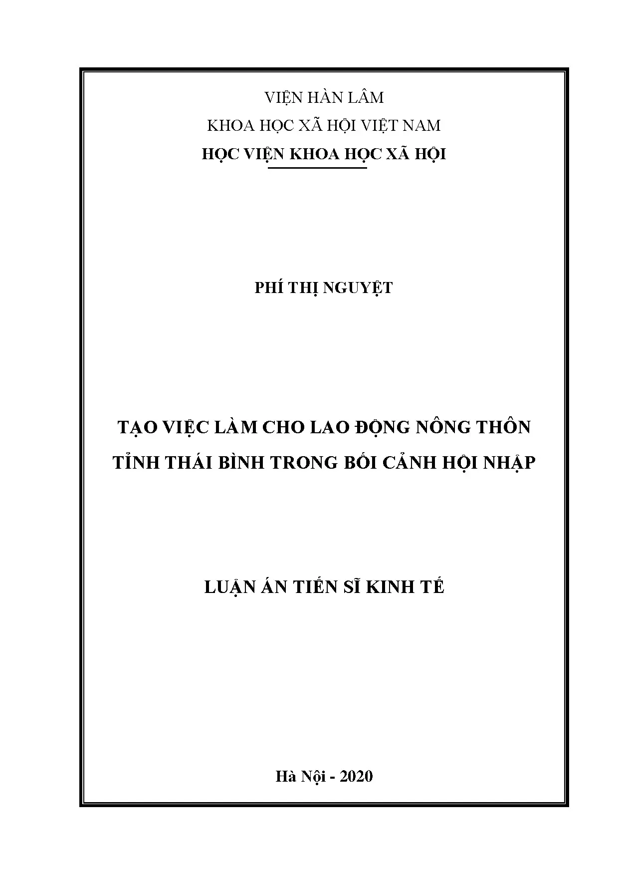 Tạo việc làm cho lao động nông thôn tỉnh Thái Bình trong hội nhập