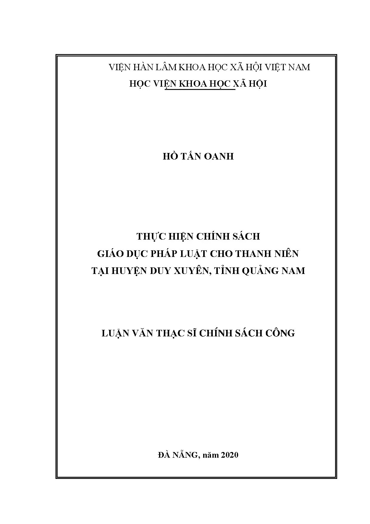 Luận án tiến sĩ chính sách giáo dục pháp luật cho thanh niên huyện Duy Xuyên