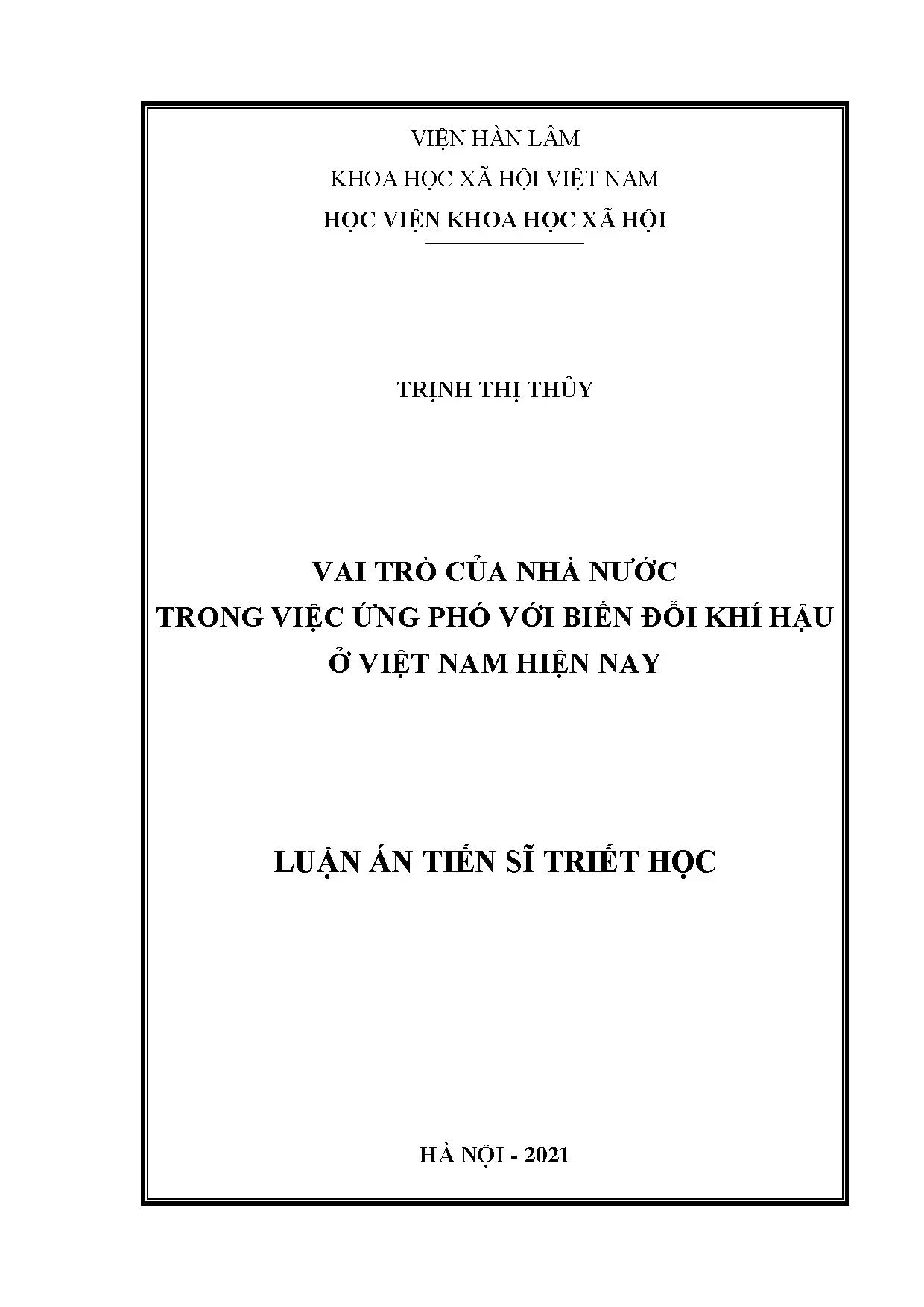Luận án tiến sĩ: Vai trò nhà nước ứng phó biến đổi khí hậu