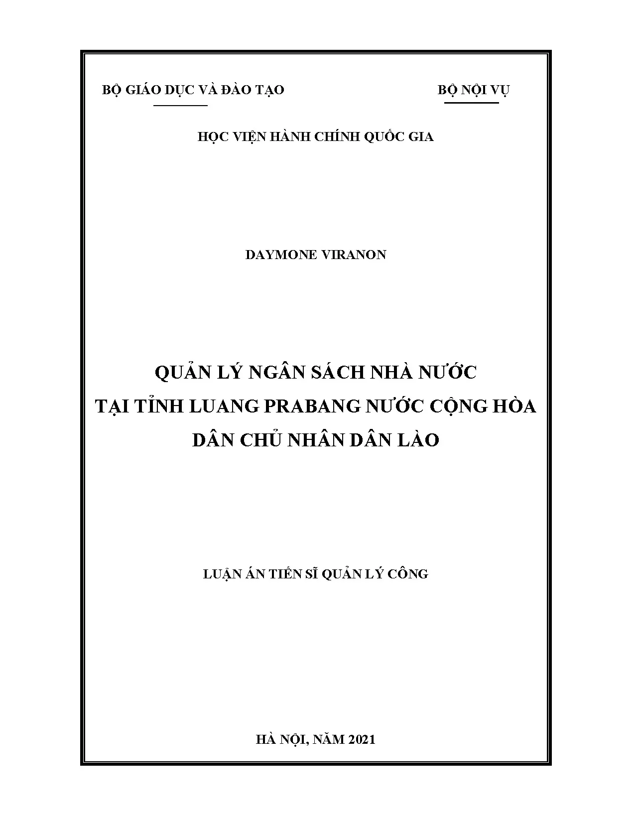 Luận án tiến sĩ quản lý ngân sách nhà nước tỉnh Luang Prabang Lào