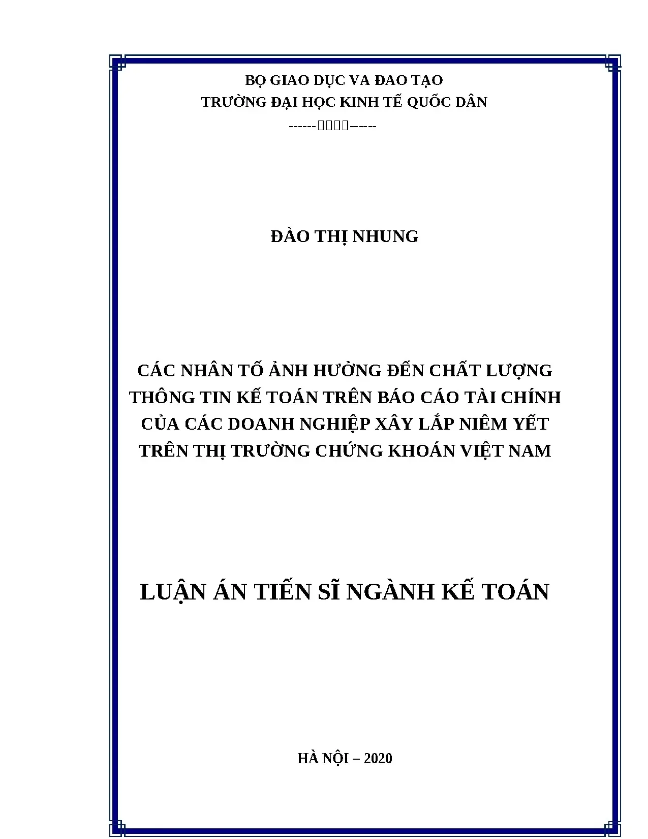 Luận án yếu tố ảnh hưởng chất lượng thông tin kế toán doanh nghiệp xây lắp