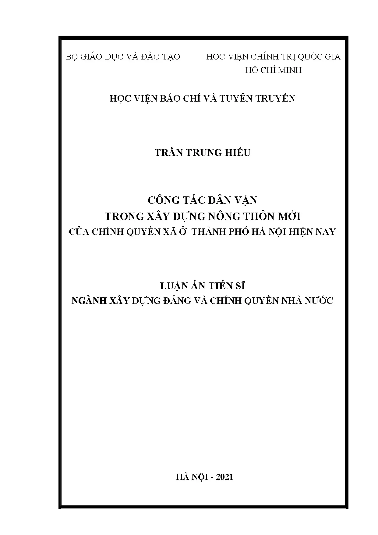 Luận án tiến sĩ công tác dân vận xây dựng nông thôn mới chính quyền xã Hà Nội