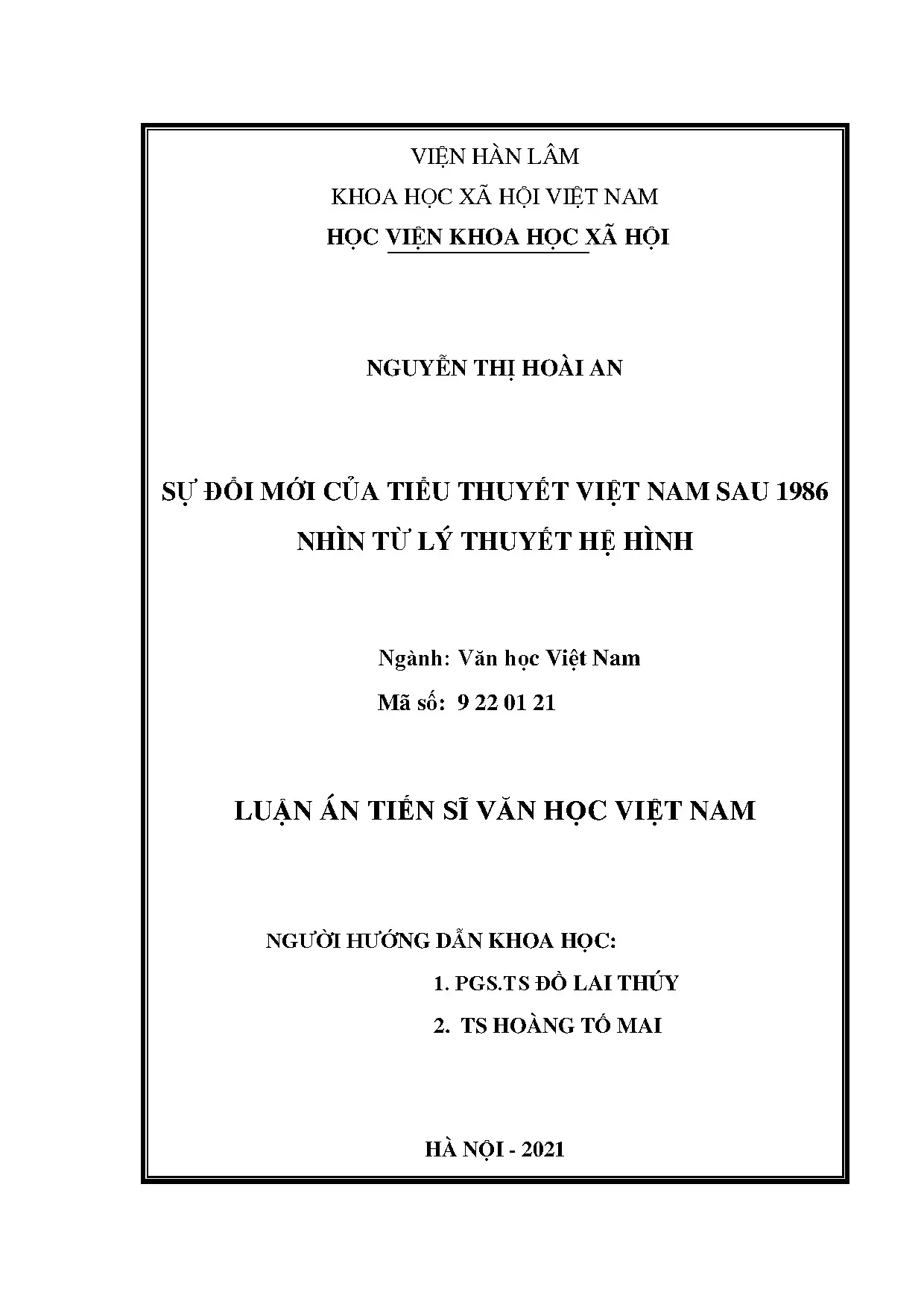 Luận án sự đổi mới tiểu thuyết Việt Nam sau 1986 theo lý thuyết hệ hình