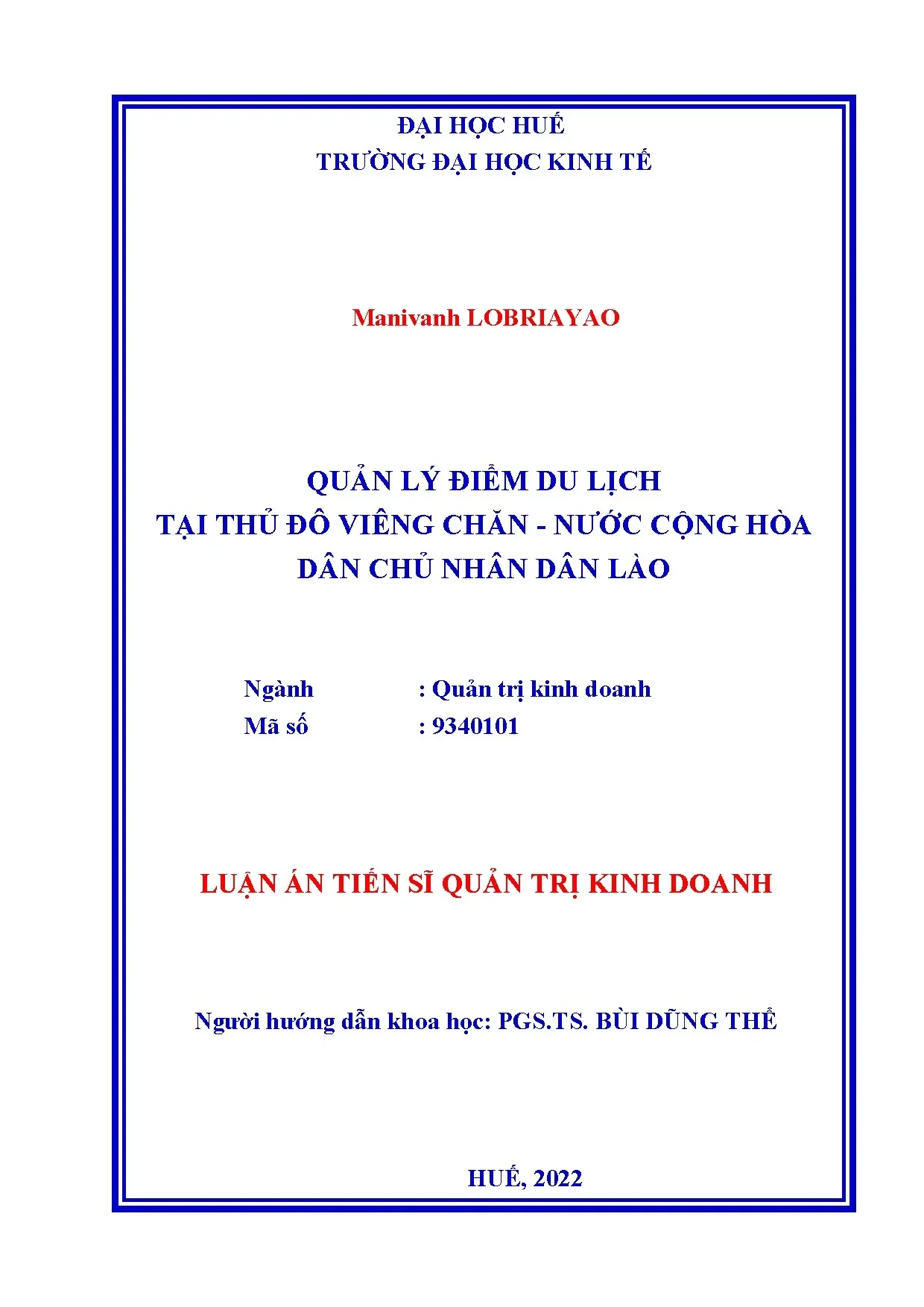 Luận án tiến sĩ quản lý điểm du lịch thủ đô Viêng Chăn Lào