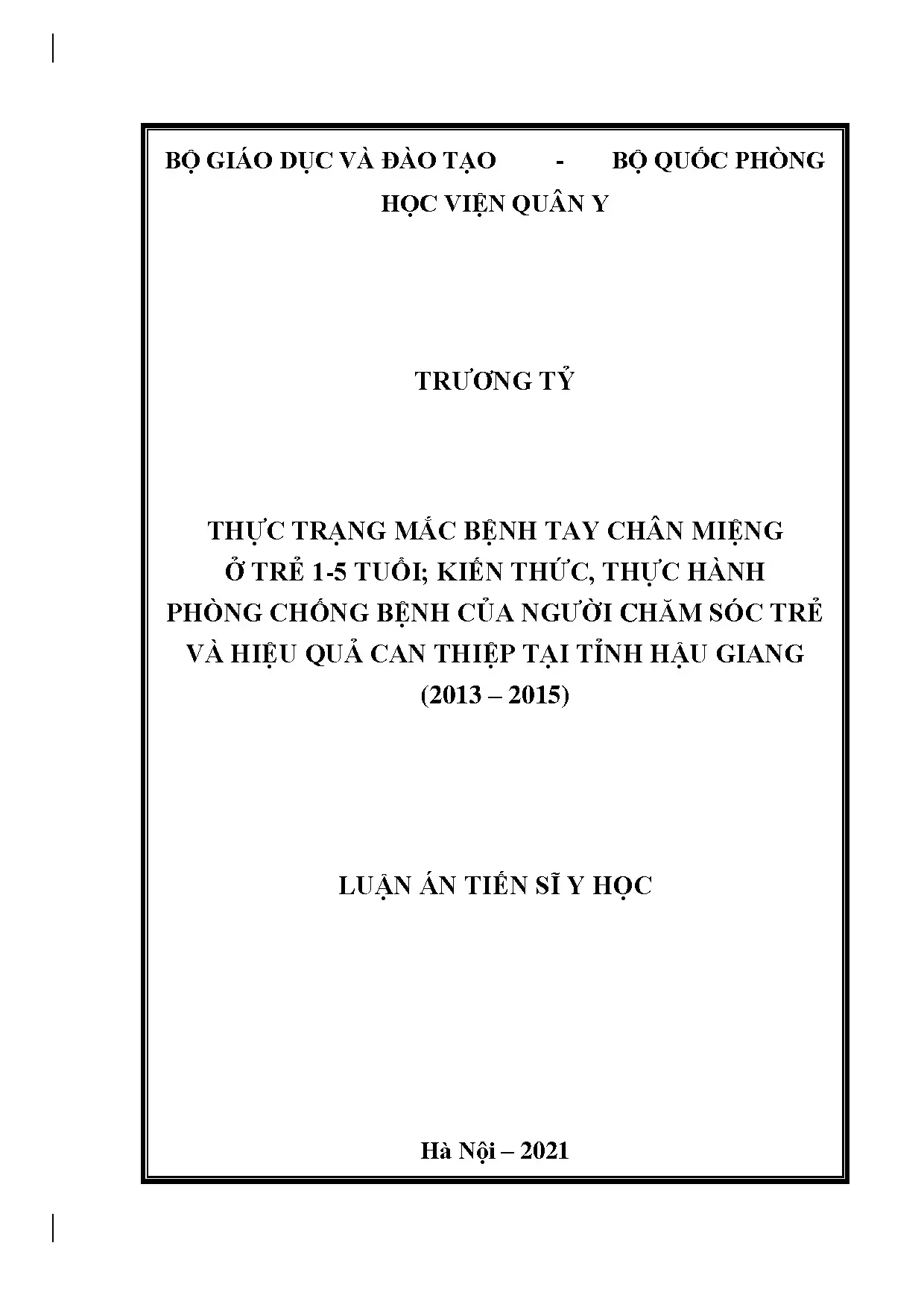 Thực trạng mắc bệnh tay chân miệng ở trẻ 1-5 tuổi tại Hậu Giang (2013-2015)