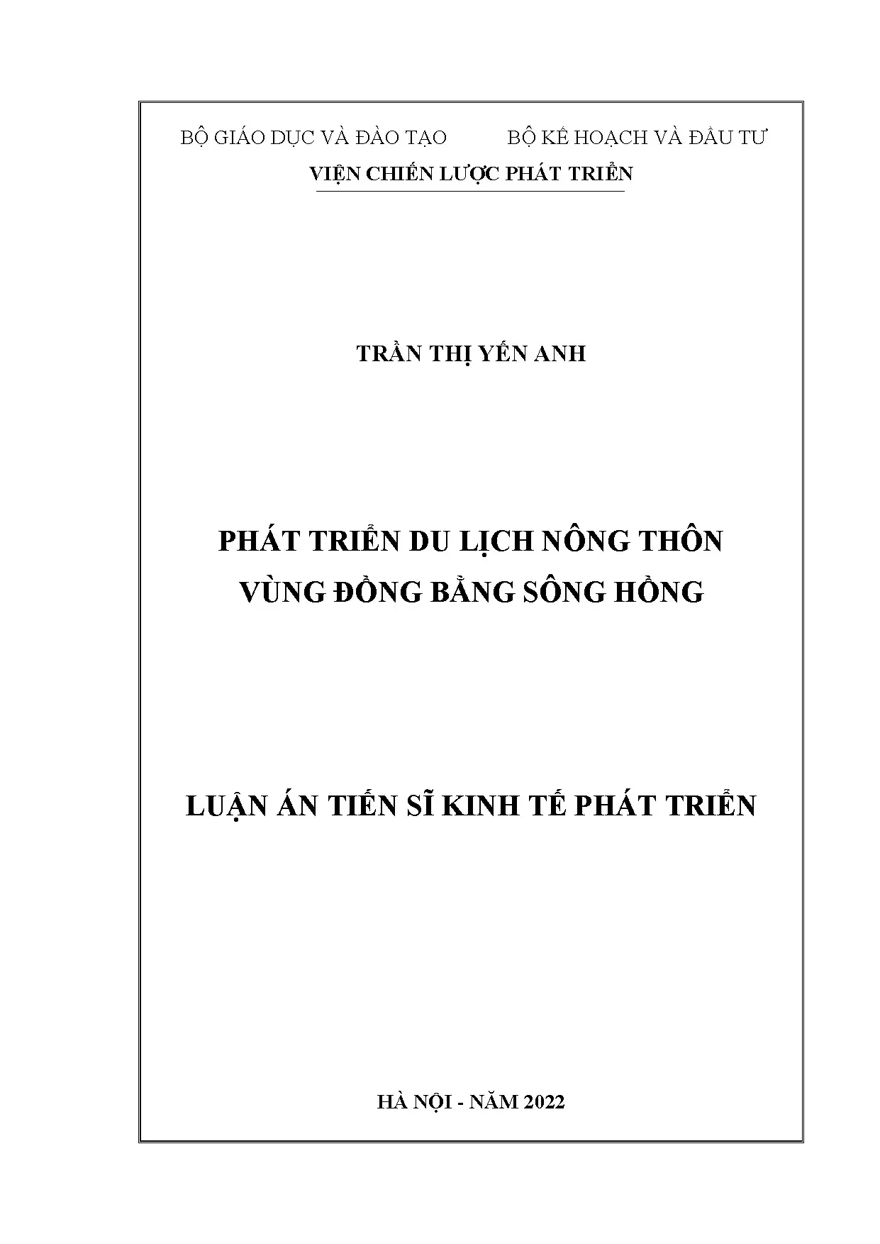 Luận án tiến sĩ phát triển du lịch nông thôn vùng ĐBSH (2022)
