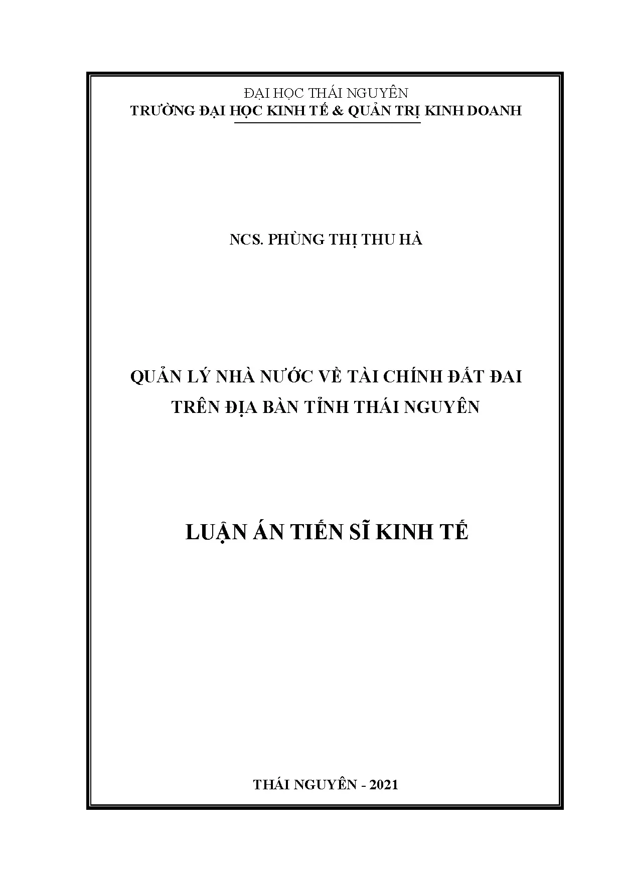 Luận án quản lý nhà nước tài chính đất đai tỉnh Thái Nguyên
