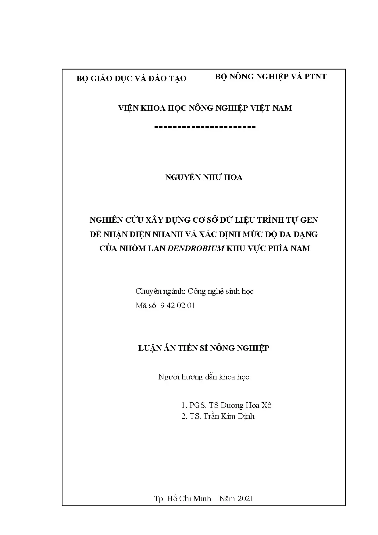 Luận án xây dựng cơ sở dữ liệu trình tự gen nhận diện lan Dendrobium phía Nam