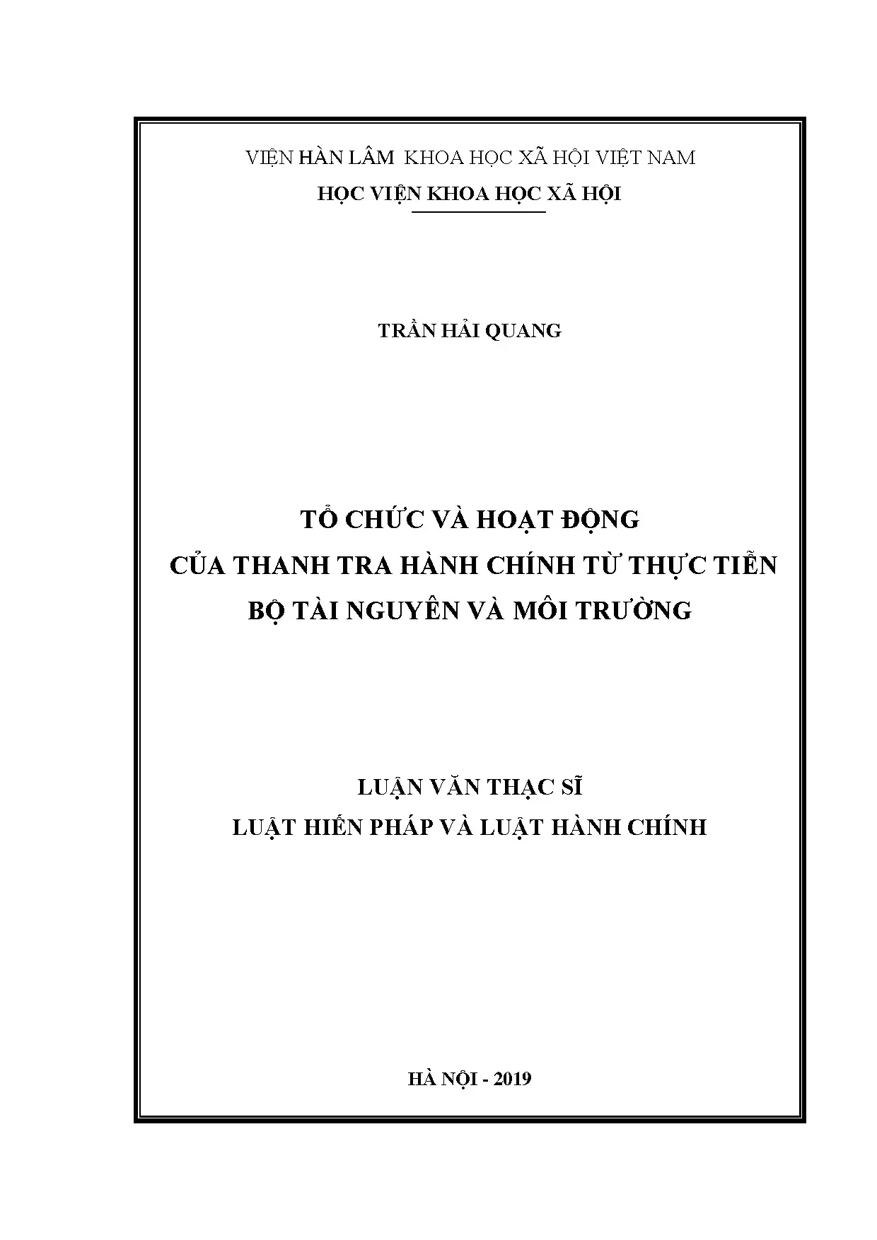 Luận án tiến sĩ tổ chức hoạt động thanh tra hành chính Bộ TN&MT