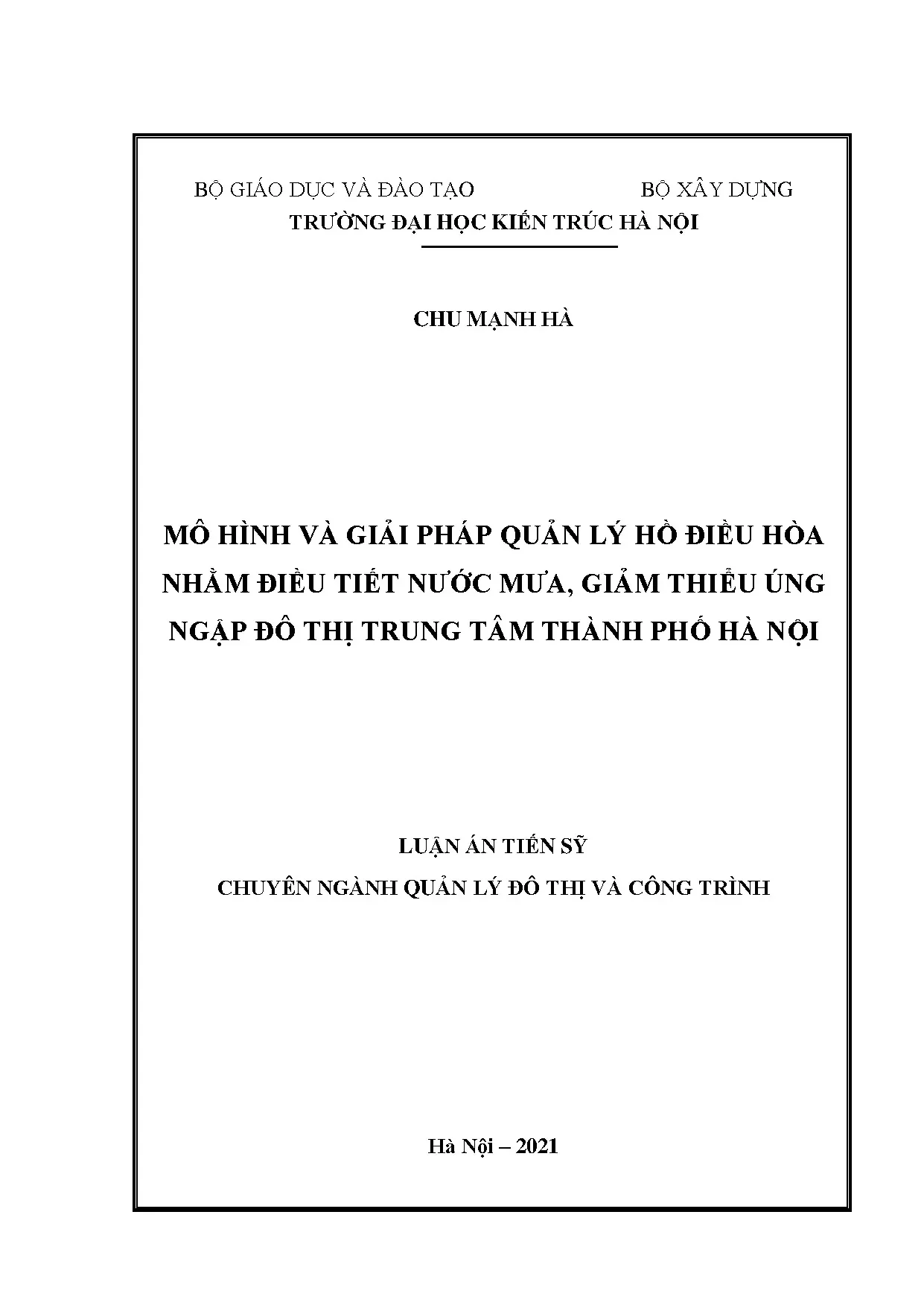 Luận án tiến sĩ quản lý hồ điều hòa giảm ngập úng đô thị Hà Nội