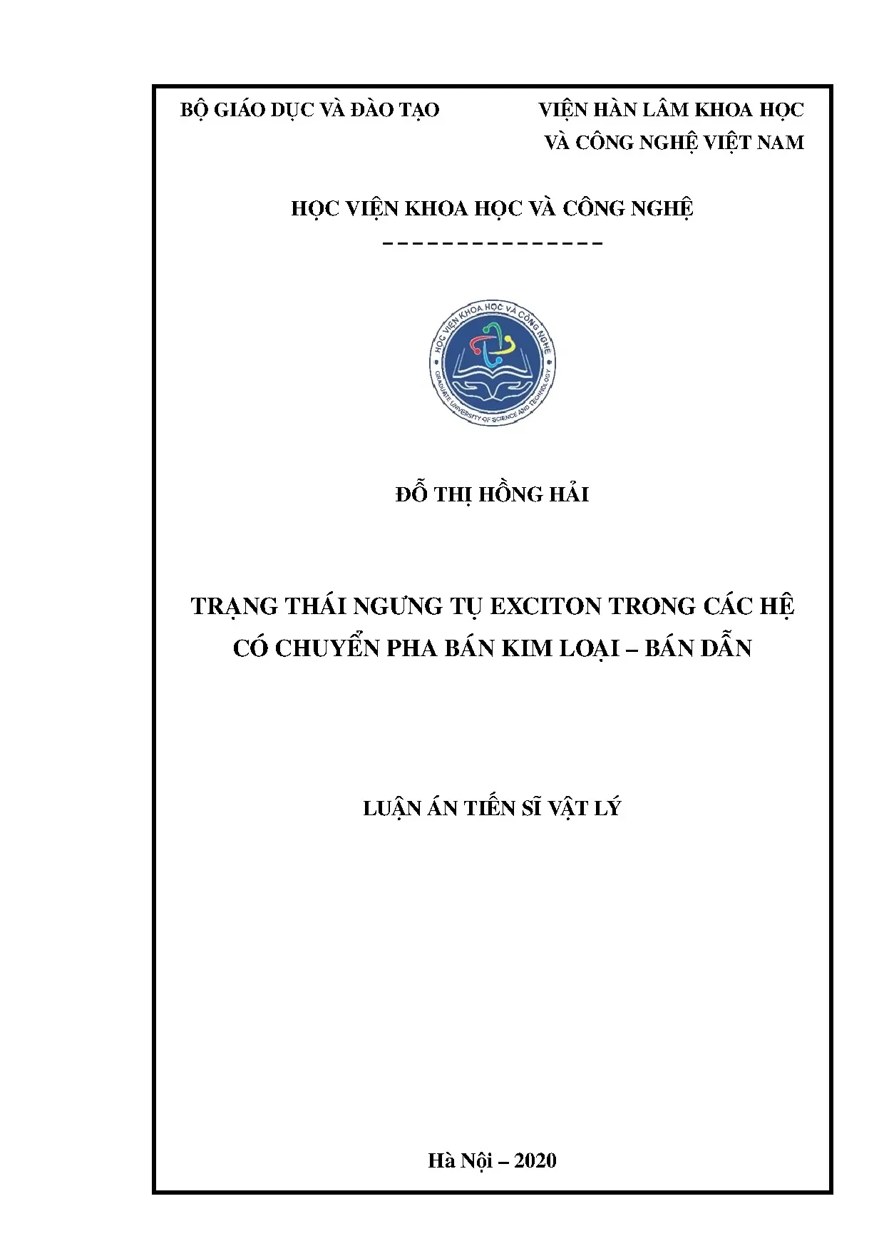 Luận án trạng thái ngưng tụ exciton trong bán kim loại bán dẫn