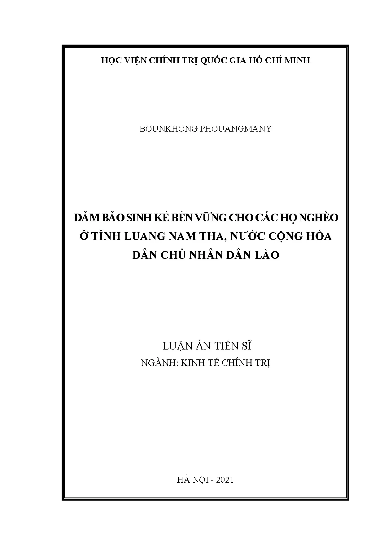Luận án tiến sĩ đảm bảo sinh kế bền vững cho hộ nghèo Lào