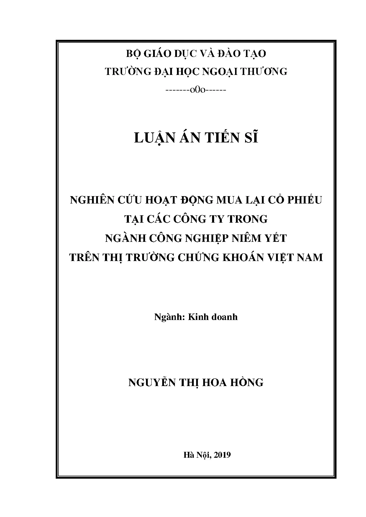 Luận án tiến sĩ nghiên cứu hoạt động mua lại cổ phiếu tại cá