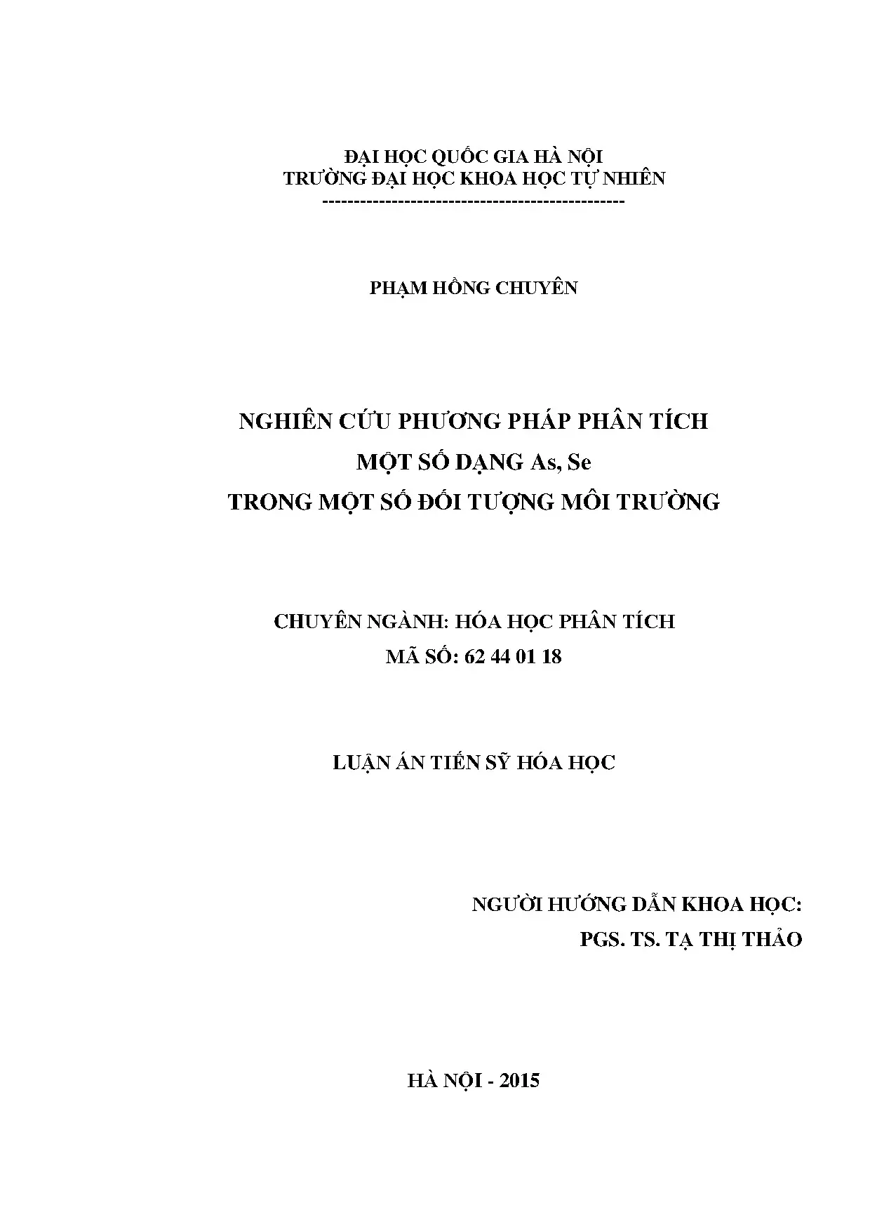 Phân tích dạng As, Se trong môi trường bằng phương pháp HG-AAS-PCR