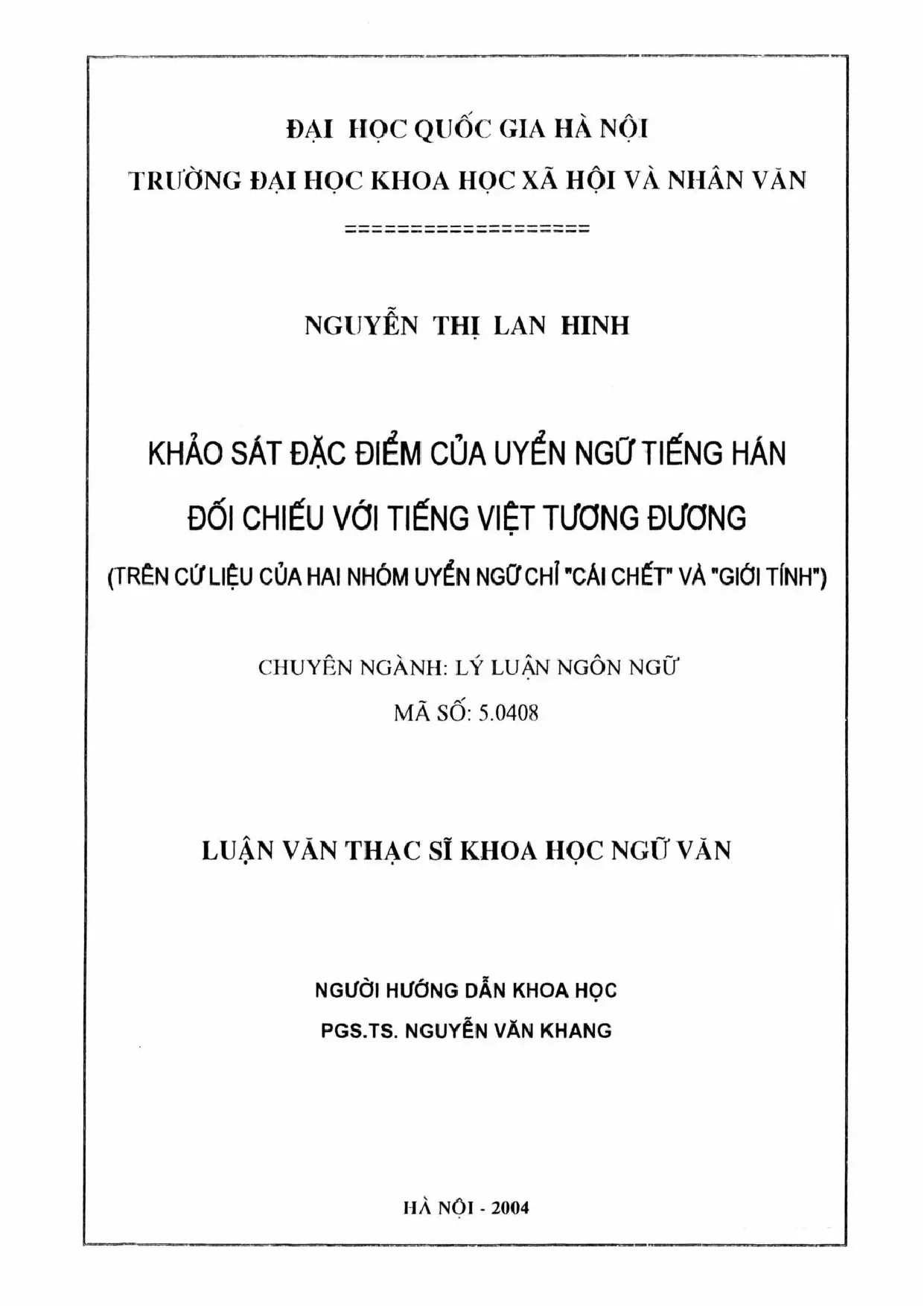Luận án tiến sĩ khảo sát đặc điểm của uyển ngữ tiếng hán đối
