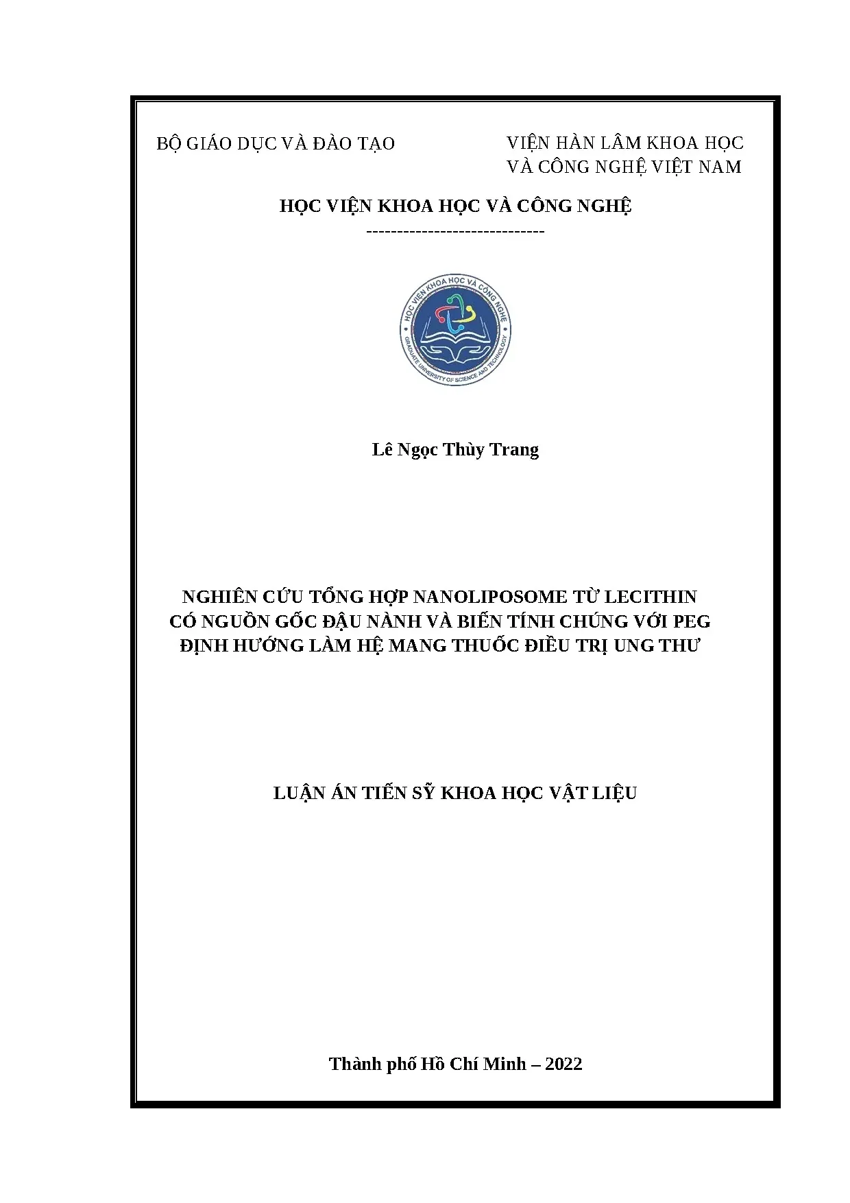 Nghiên cứu tổng hợp Nanoliposome đậu nành biến tính PEG điều trị ung thư