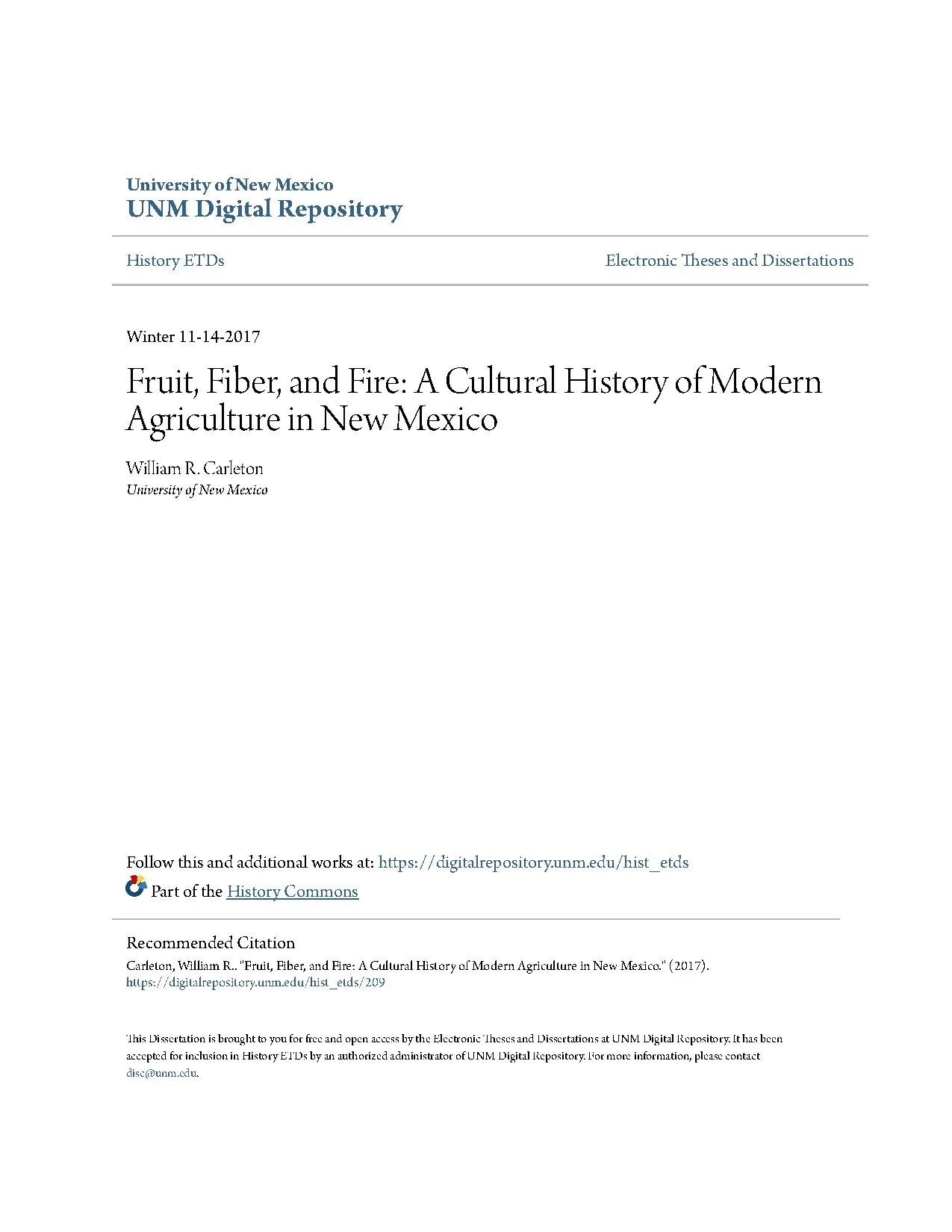 Lịch sử Nông nghiệp Hiện đại New Mexico: Trái cây, Sợi và Lửa