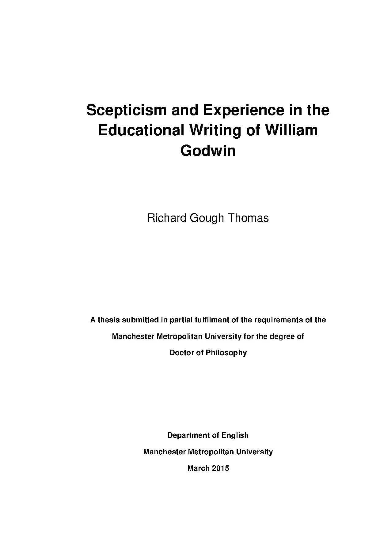 Rg thomas scepticism and experience in william godwin march