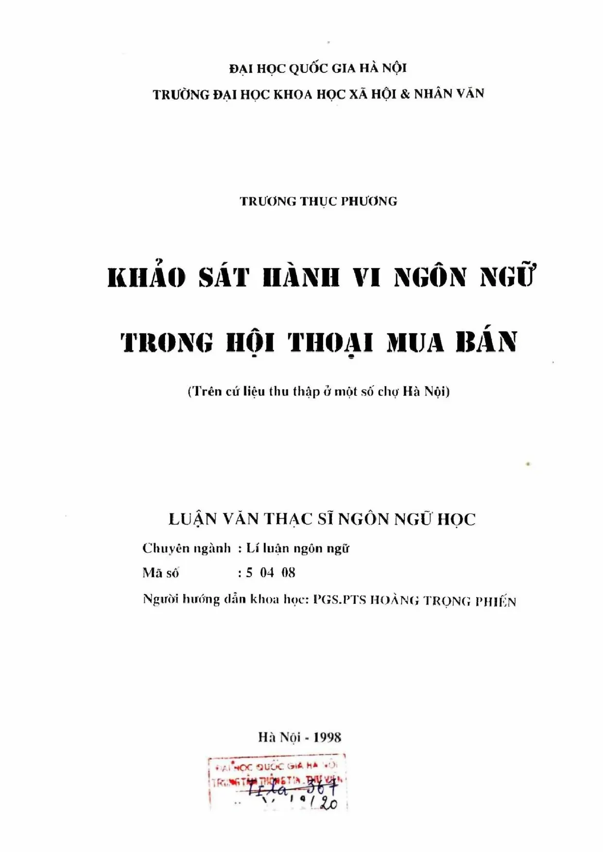 Hành vi ngôn ngữ trong hội thoại mua bán: Luận án ThS