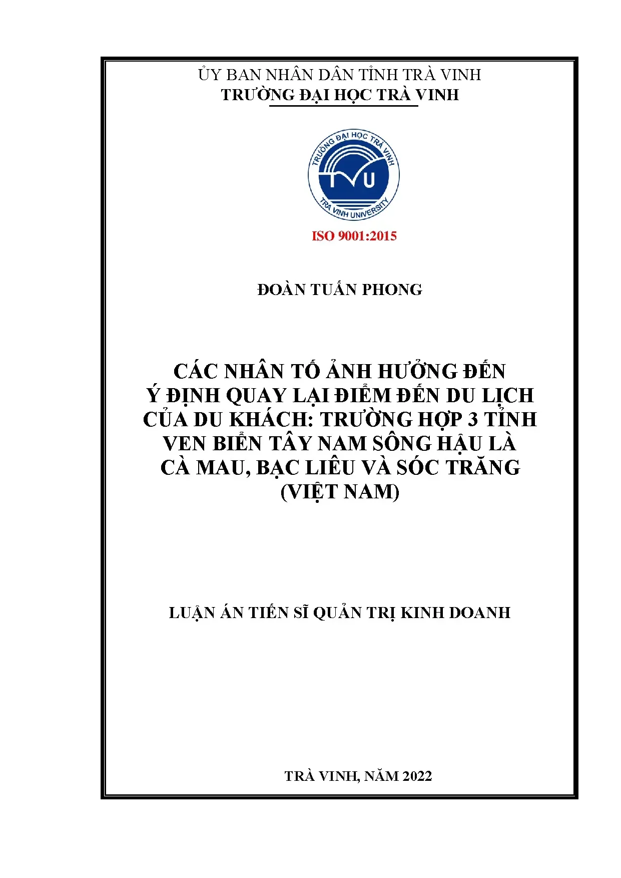 Yếu tố ảnh hưởng ý định quay lại du lịch 3 tỉnh Tây Nam Sông Hậu