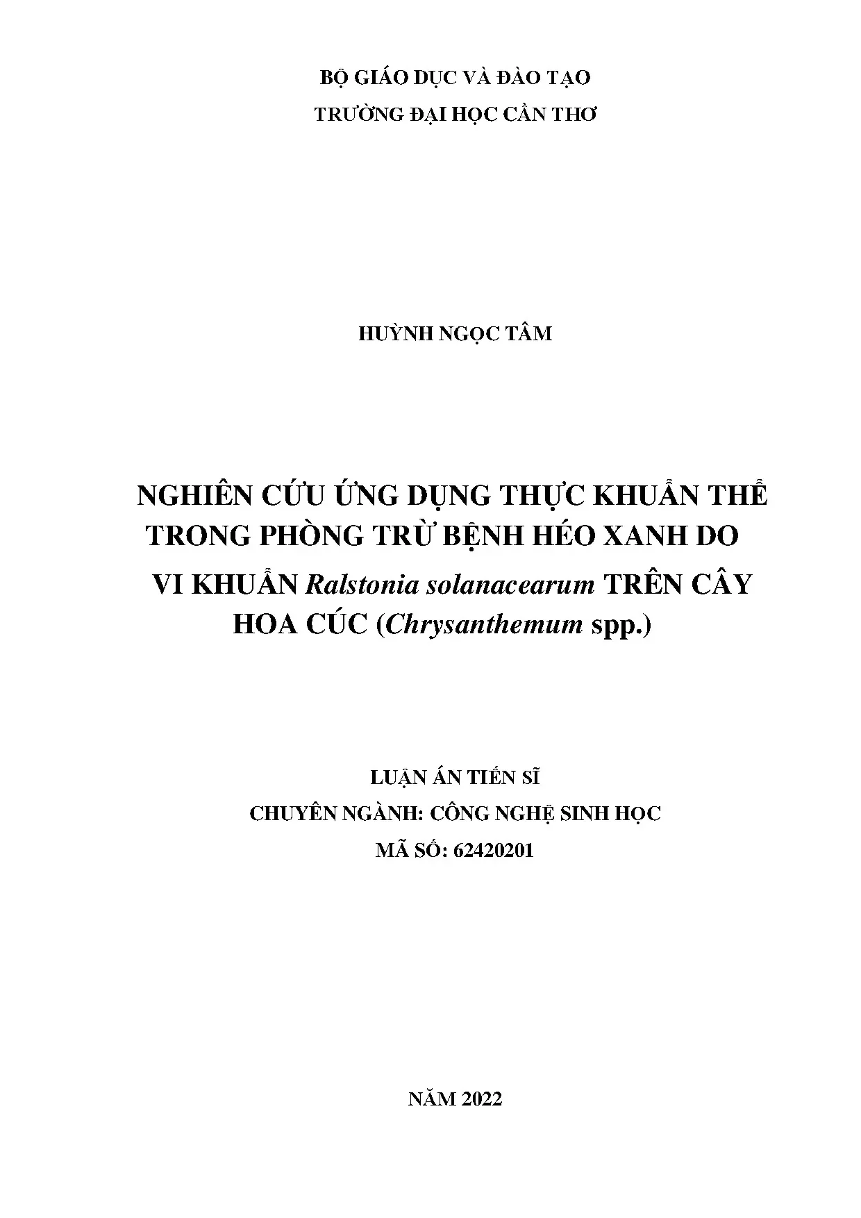 Nghiên cứu ứng dụng thực khuẩn thể phòng trừ bệnh héo xanh do vi khuẩn Ralstonia solanacearum trên cây hoa cúc