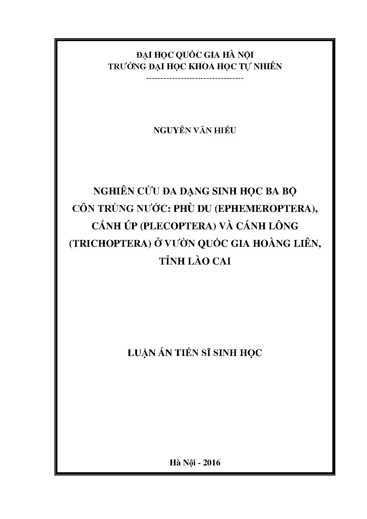 Nghiên cứu đa dạng sinh học ba bộ côn trùng nước ở Vườn Quốc Gia Hoàng Liên, tỉnh Lào Cai