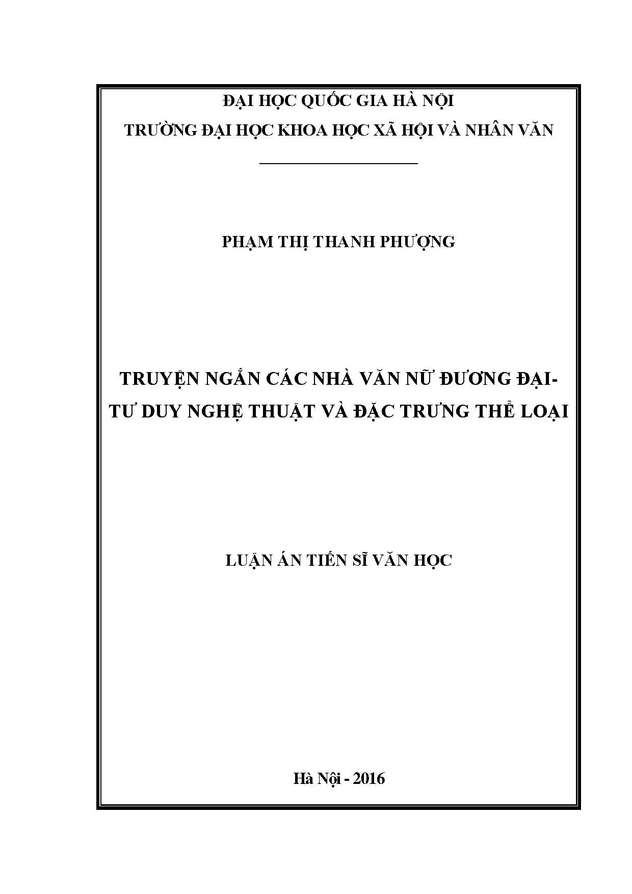 Luận án tiến sĩ truyện ngắn các nhà văn nữ đương đại tư duy