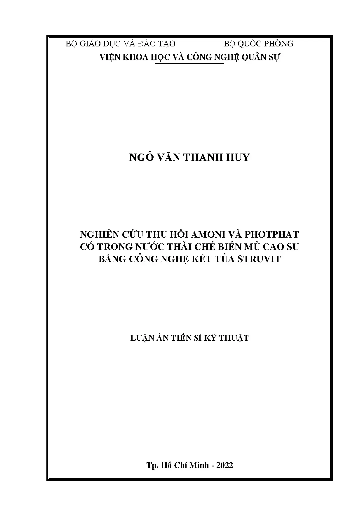 Thu hồi amoni photphat từ nước thải chế biến mủ cao su bằng công nghệ kết tủa struvit
