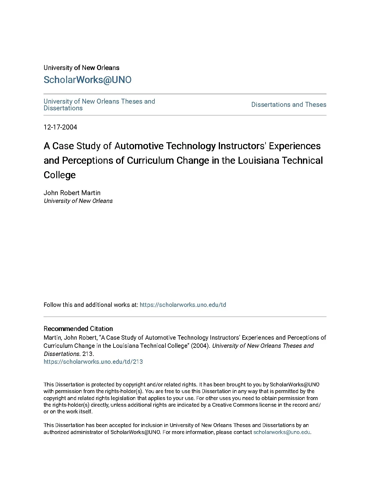 A case study of automotive technology instructors experience