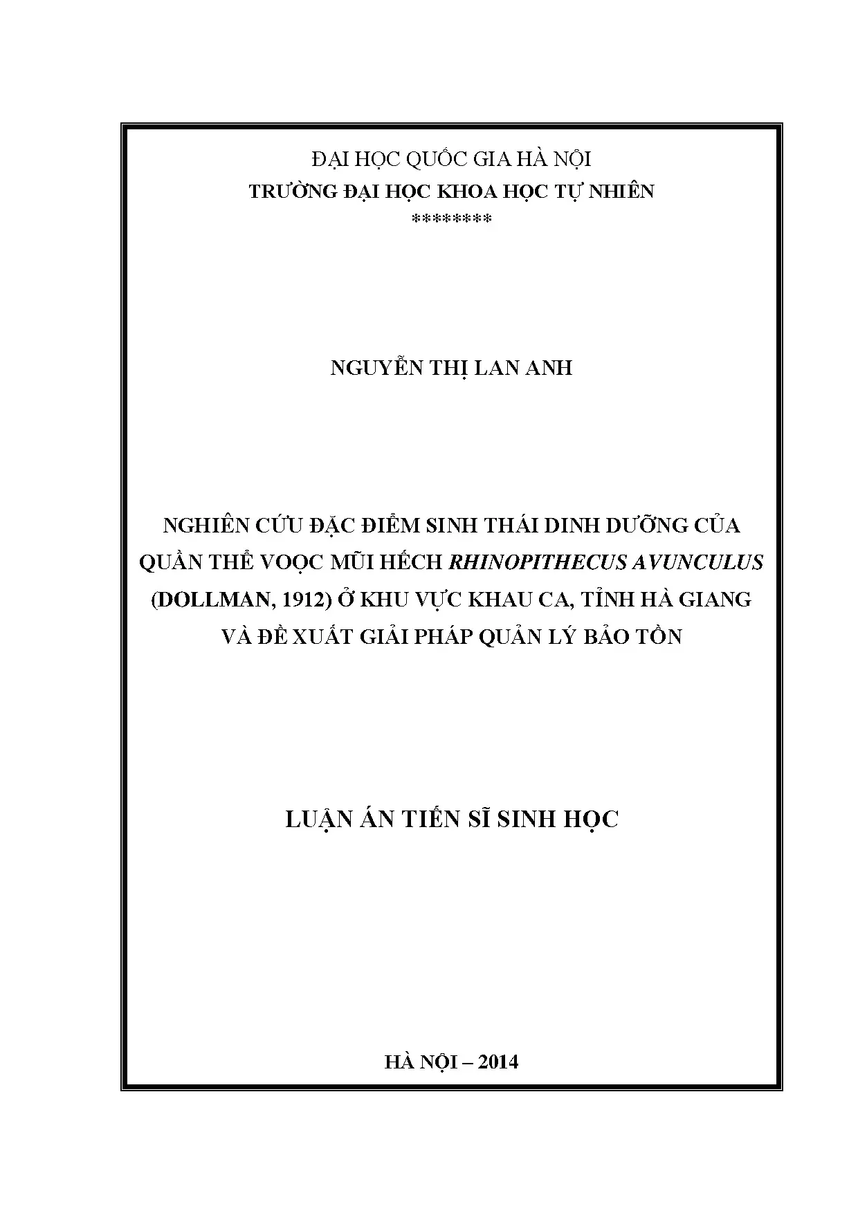 Luận án tiến sĩ sinh thái dinh dưỡng voọc mũi hếch tại Hà Giang