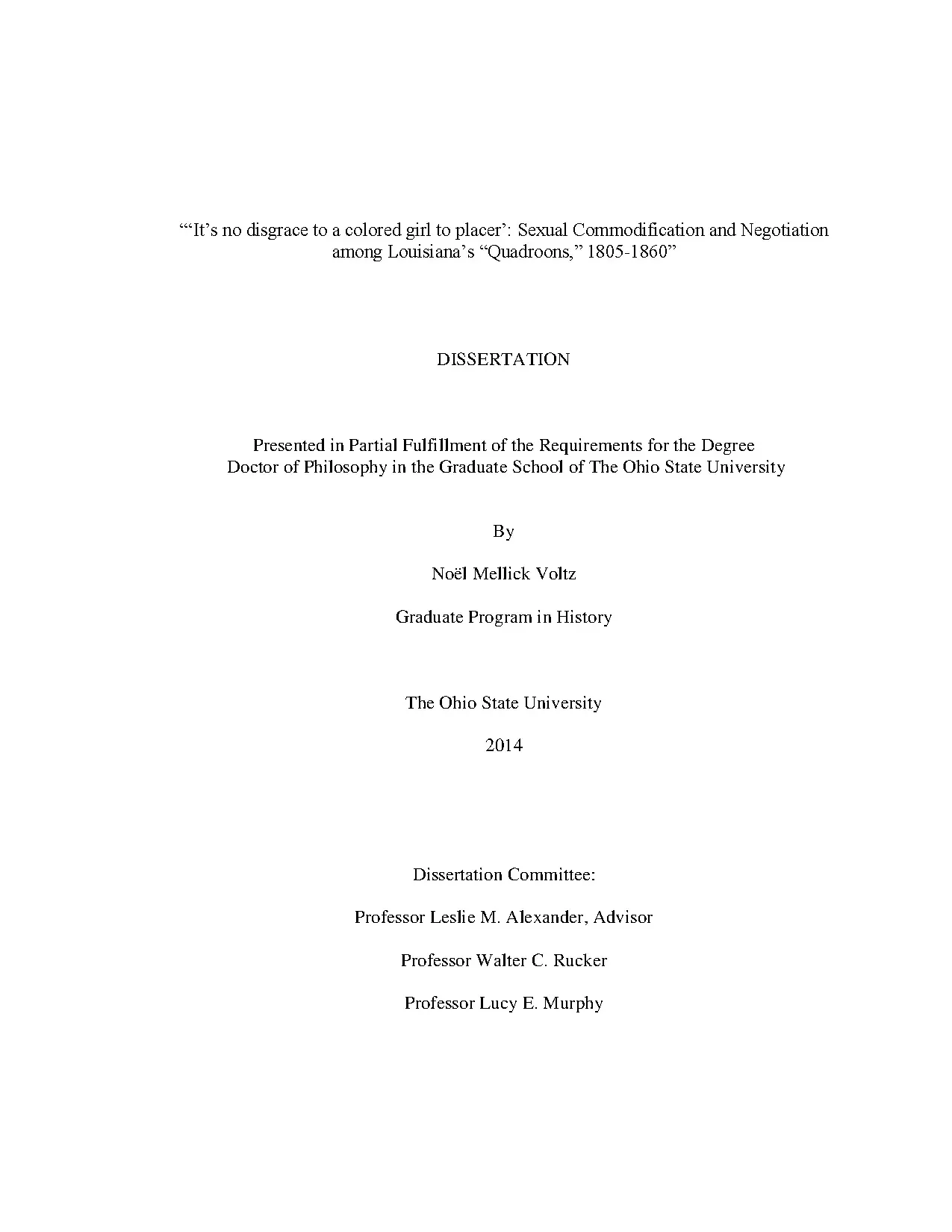 Sexual Commodification among Louisiana's Quadroons, 1805-1860